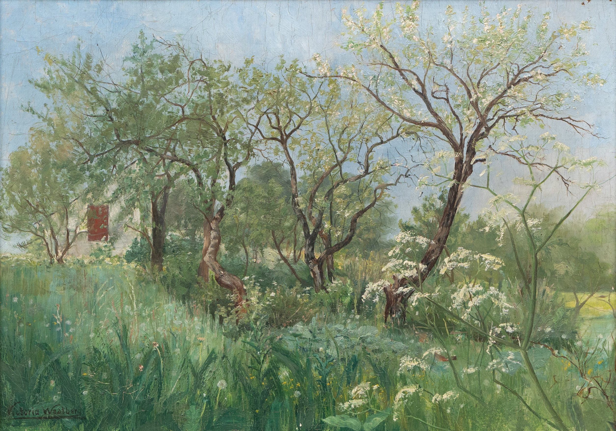 VICTORIA WESTBERG (1859-1941). Hus bland träden, olja på pannå, signerad.