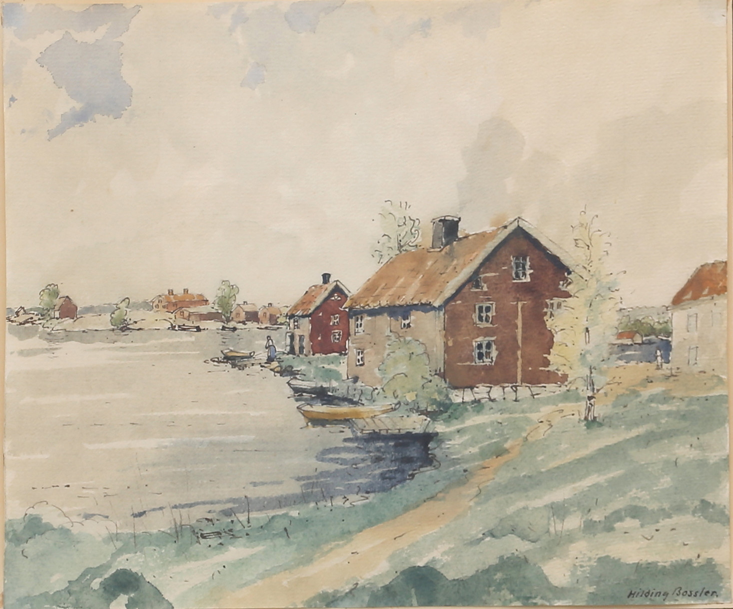 HILDING BOSSLER. Kustbebyggelse, akvarell, signerad.