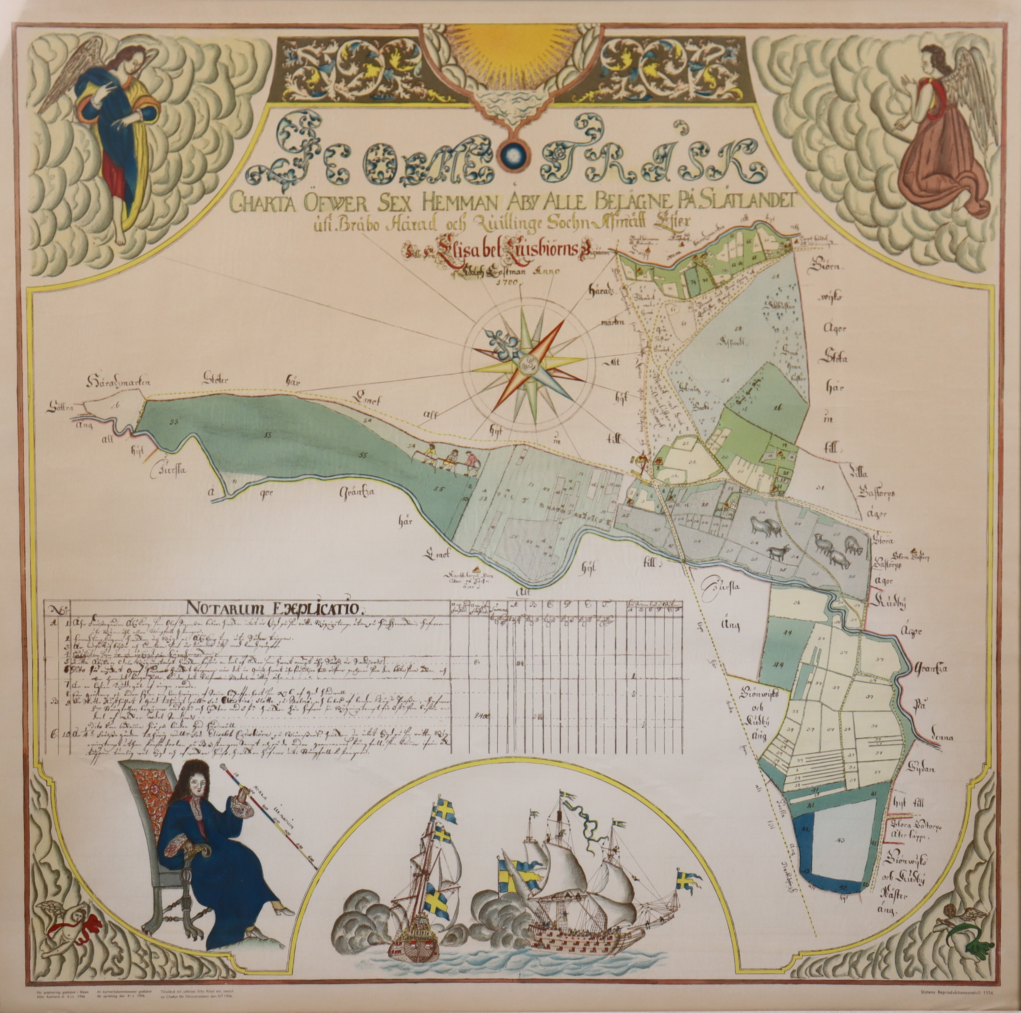 KARTA, "Charta Öfwer Sex Hemman Åby Alle Belägne På Slätlandet", färglitografiskt tryck.