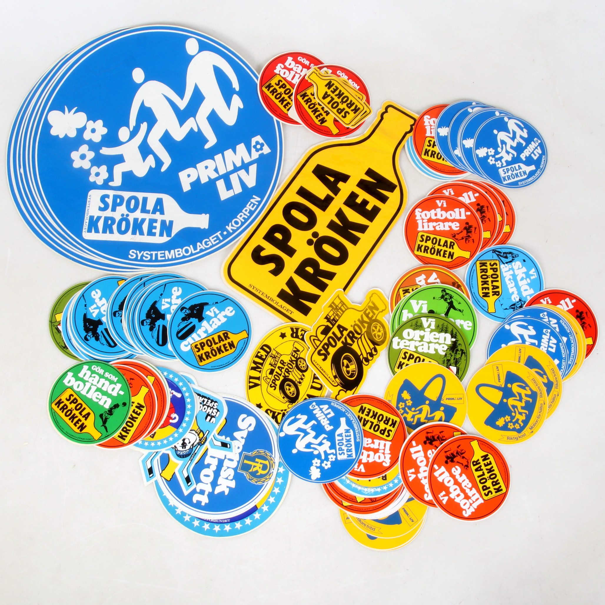 KLISTERMÄRKEN, Spola Kröken, Vi curlare, Gör som handbollen, Vi fotbollslirare, Bandyfolket, Vi bowlare, Orienterare, mfl. 1970/80-tal.