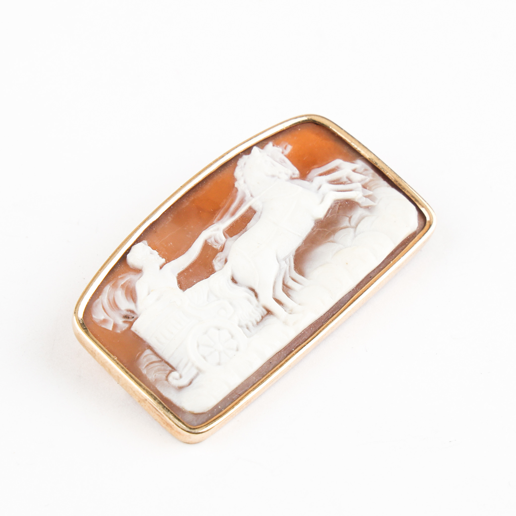 HÄNGE / BROSCH, 14 karat guld, snäckskalskamé, totalvikt ca 8 gram.