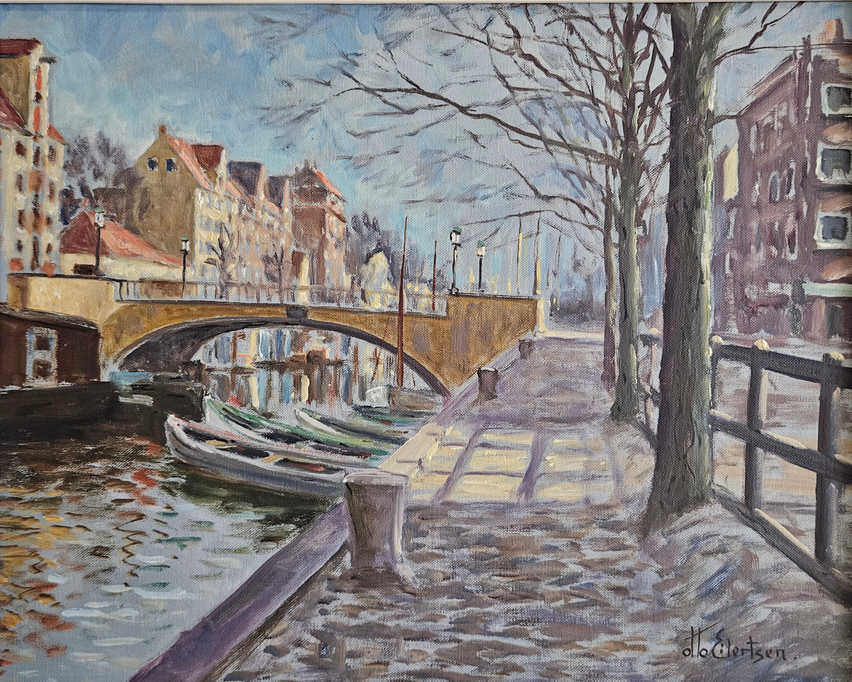 OTTO EILERTSEN. Stadsmotiv med bro och broar. Olja på duk, signerad Otto Eilertsen.