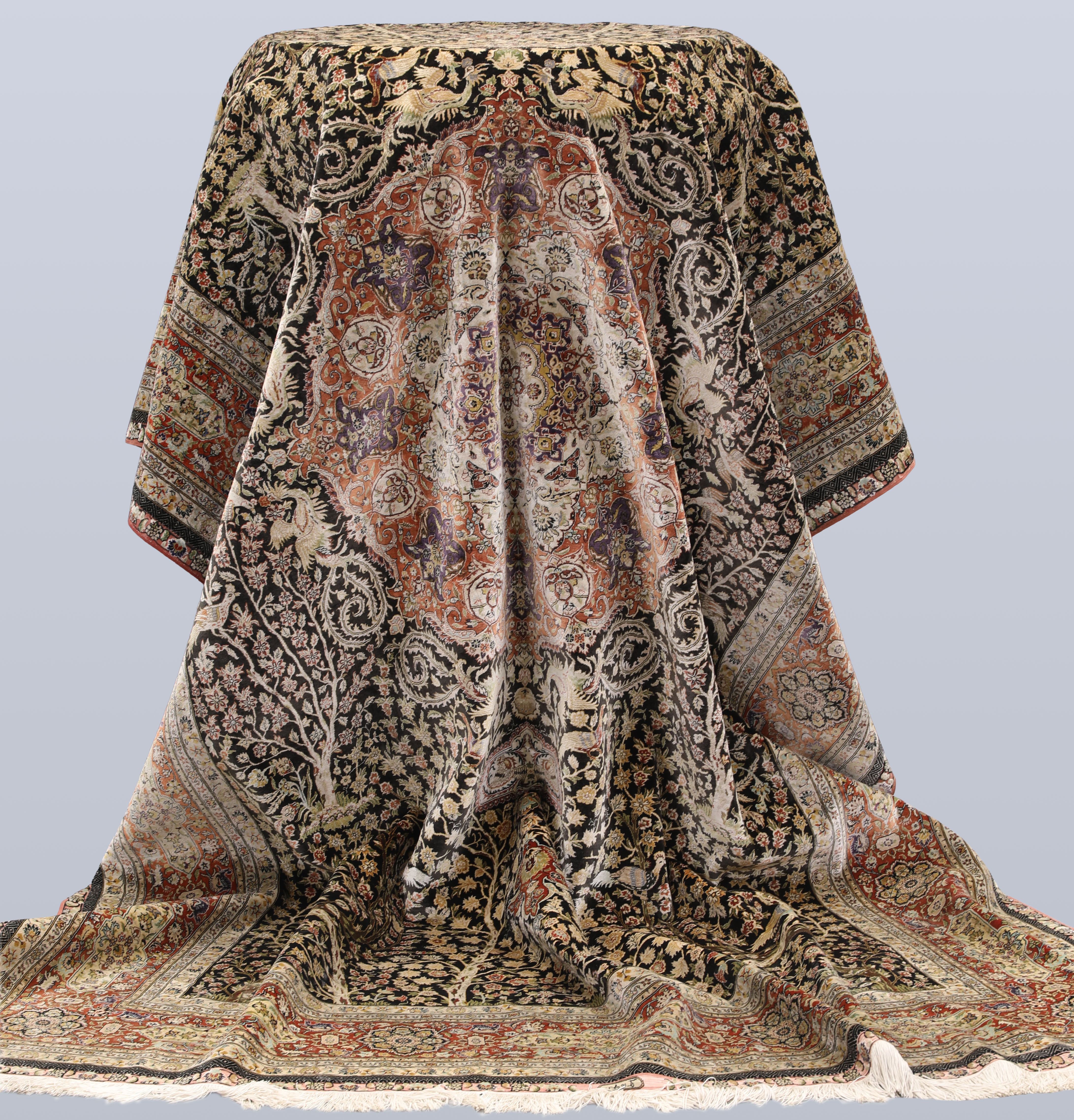 MATTA. Orientalisk figural silke, ca 1.000.000 knutar/kvm, silkesvarp, 303 x 201 cm.