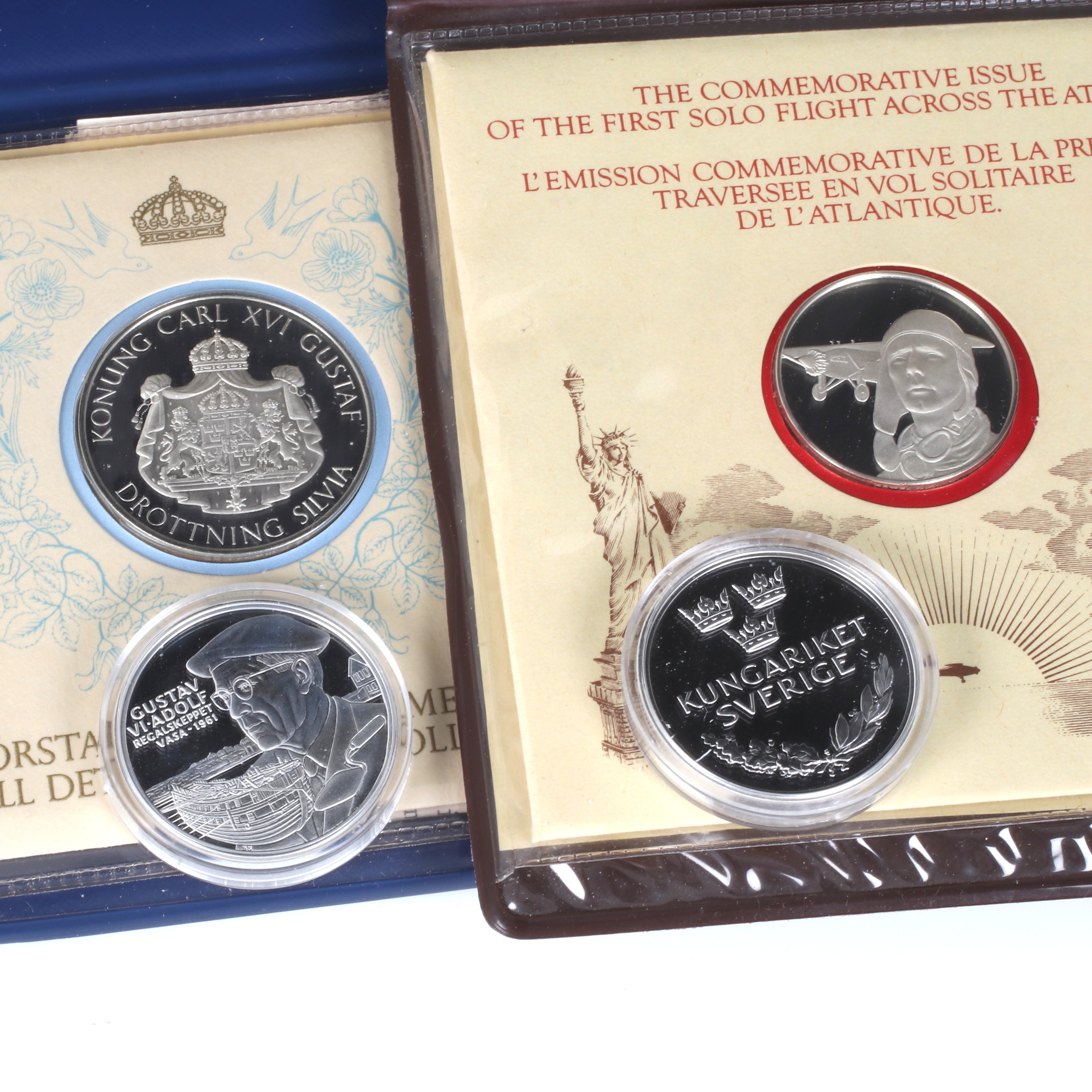 MINNESMYNT, 2 st, silver, Oscar II och Gustav VI Adolf, Kungariket Sverige samt förstadagsbrev. bl.a. Kungliga Bröllopet 1976, Franklin Mint.