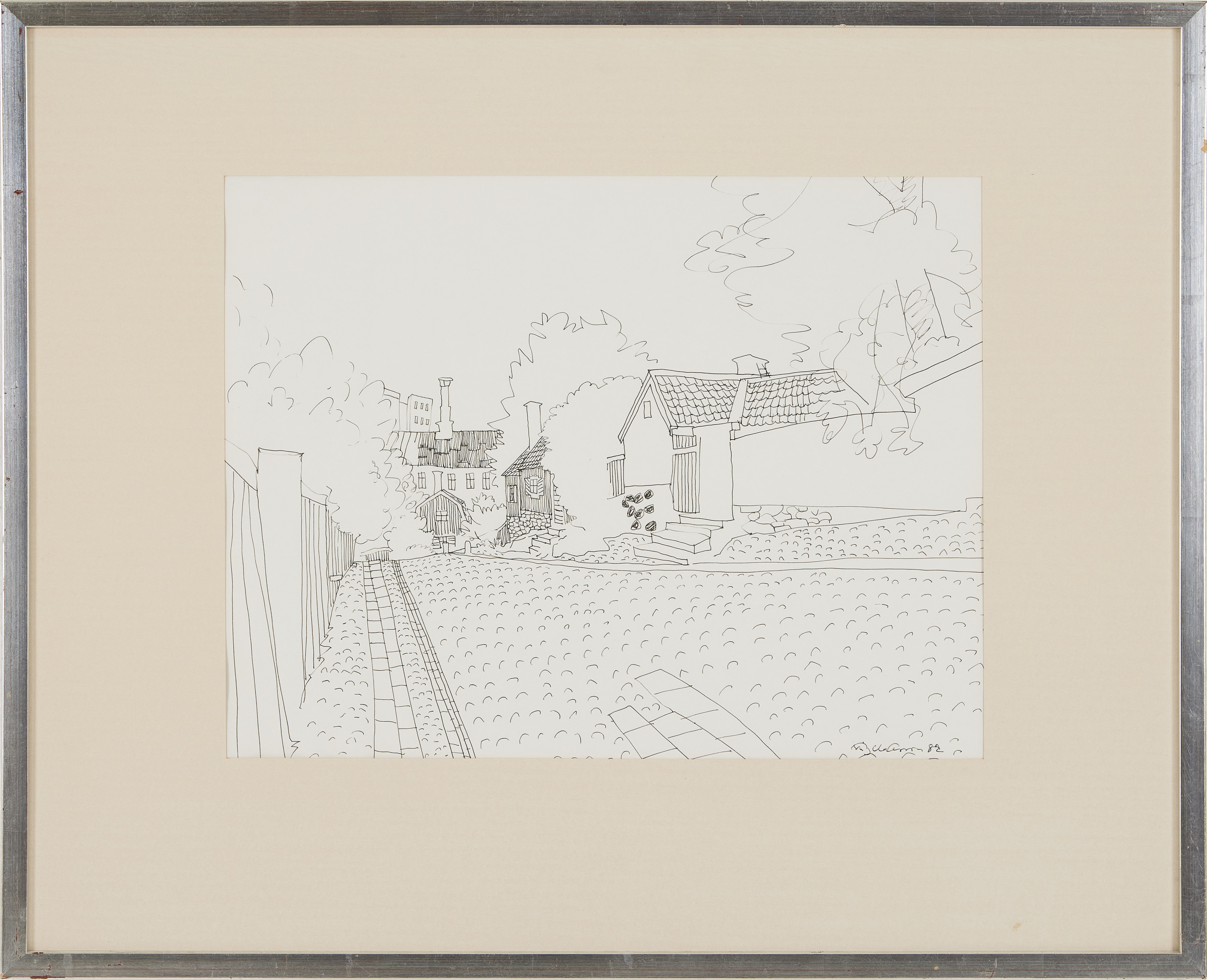 STIG (SLAS) CLAESSON. Södermalm, tuschteckning, signerad.