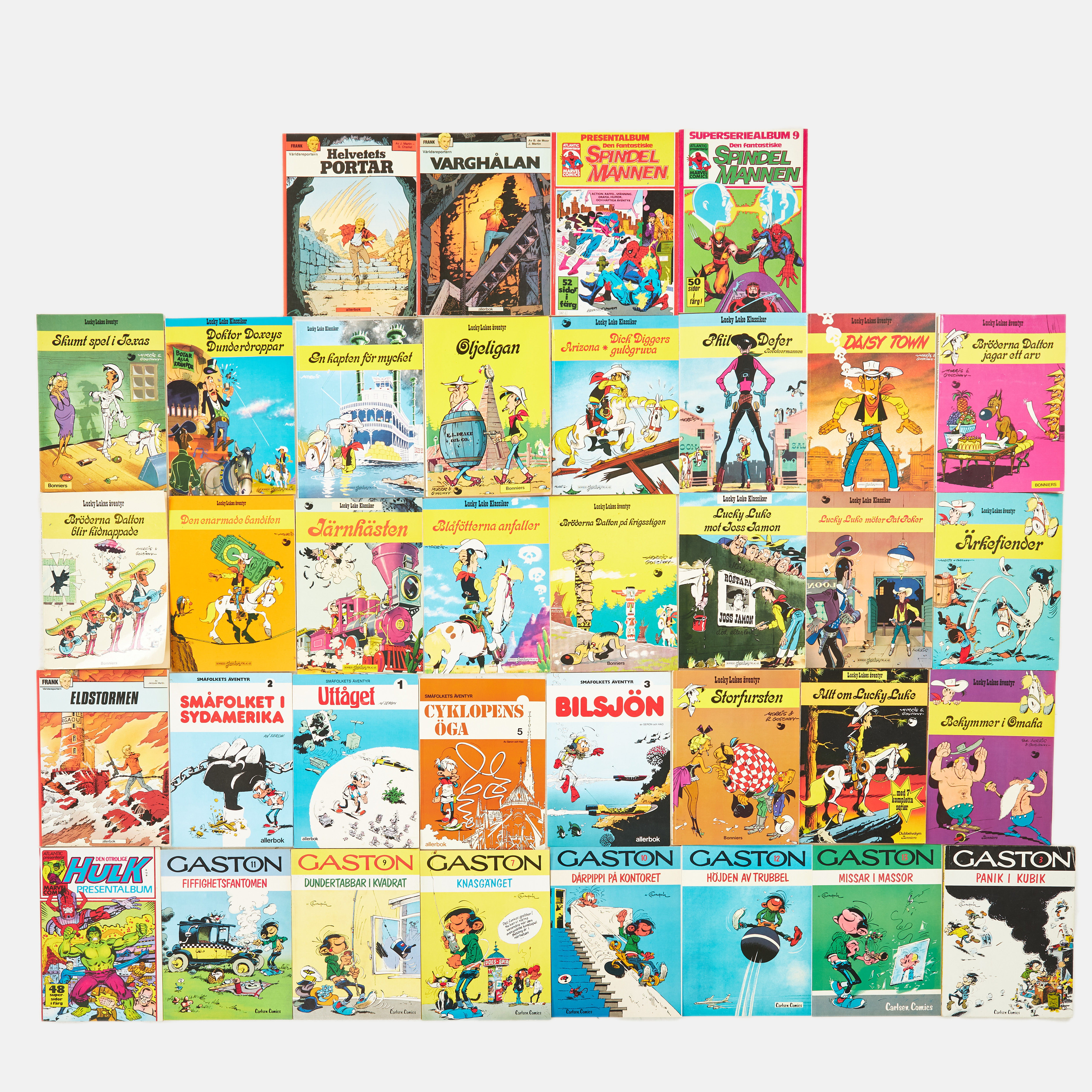 SERIEMAGASIN, 37 st., ca 1970-1980-tal, olika serier och utgivare, 20 st Lycky Lukes Äventyr Bonniers, 7 st Gaston Carlsen Comics, 3 st Atlantic presenterar Marvel Comics Atlantic Förlags AB, 3 st Frank Världsreportern, 4 st Småfolkets Äventyr Allerbok.