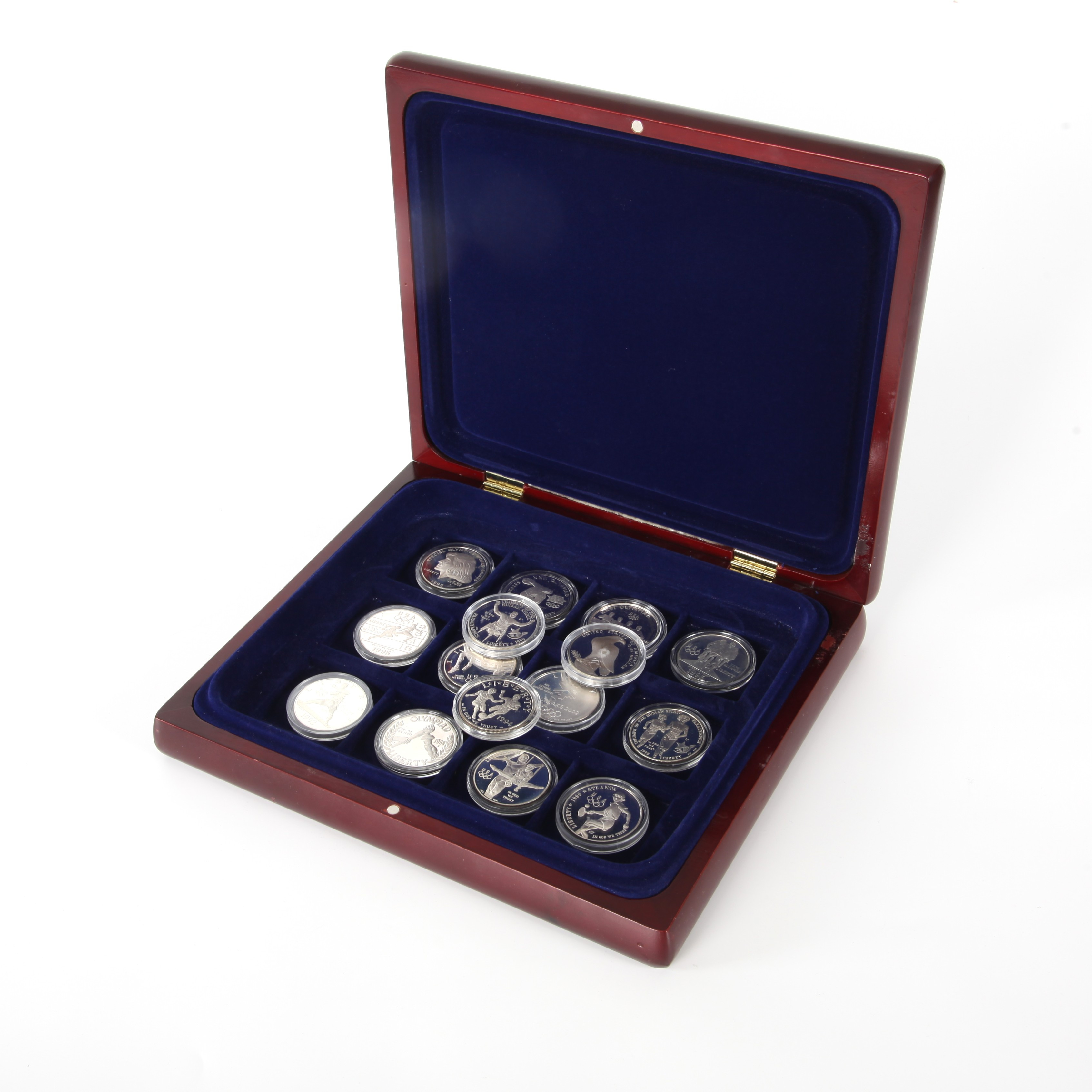 "AMERIKANSKA SILVERDOLLAR", 15 st samlarmynt olympiska spel, silver, 1983-1996.