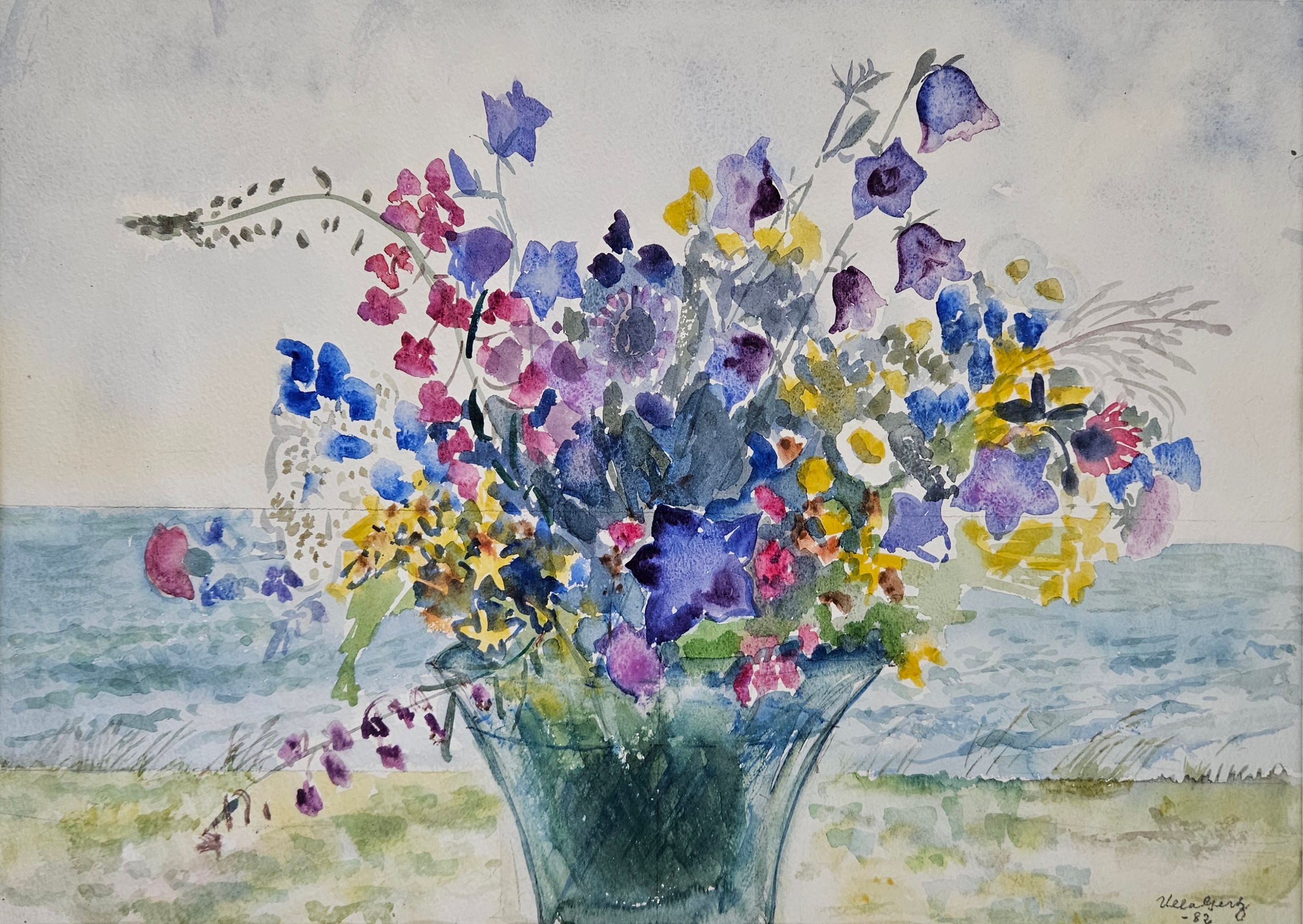 ULLA GERZ. Blomsterstilleben. Akvareller, 2 st, signerade.