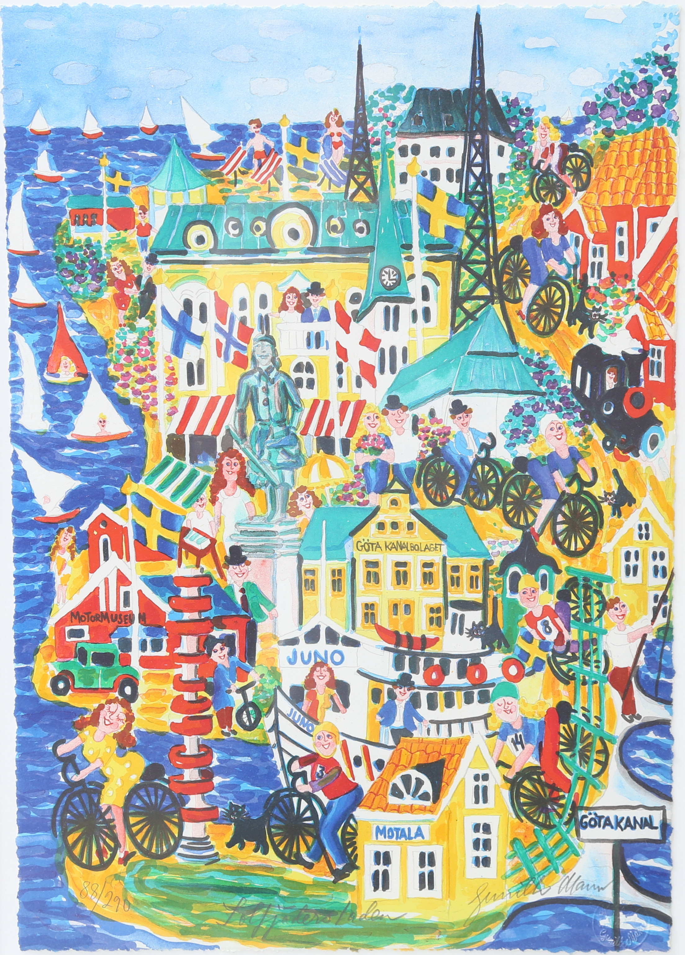 GUNILLA MANN. "Solfjäderstaden", färglitografi, signerad och numrerad 88/290.