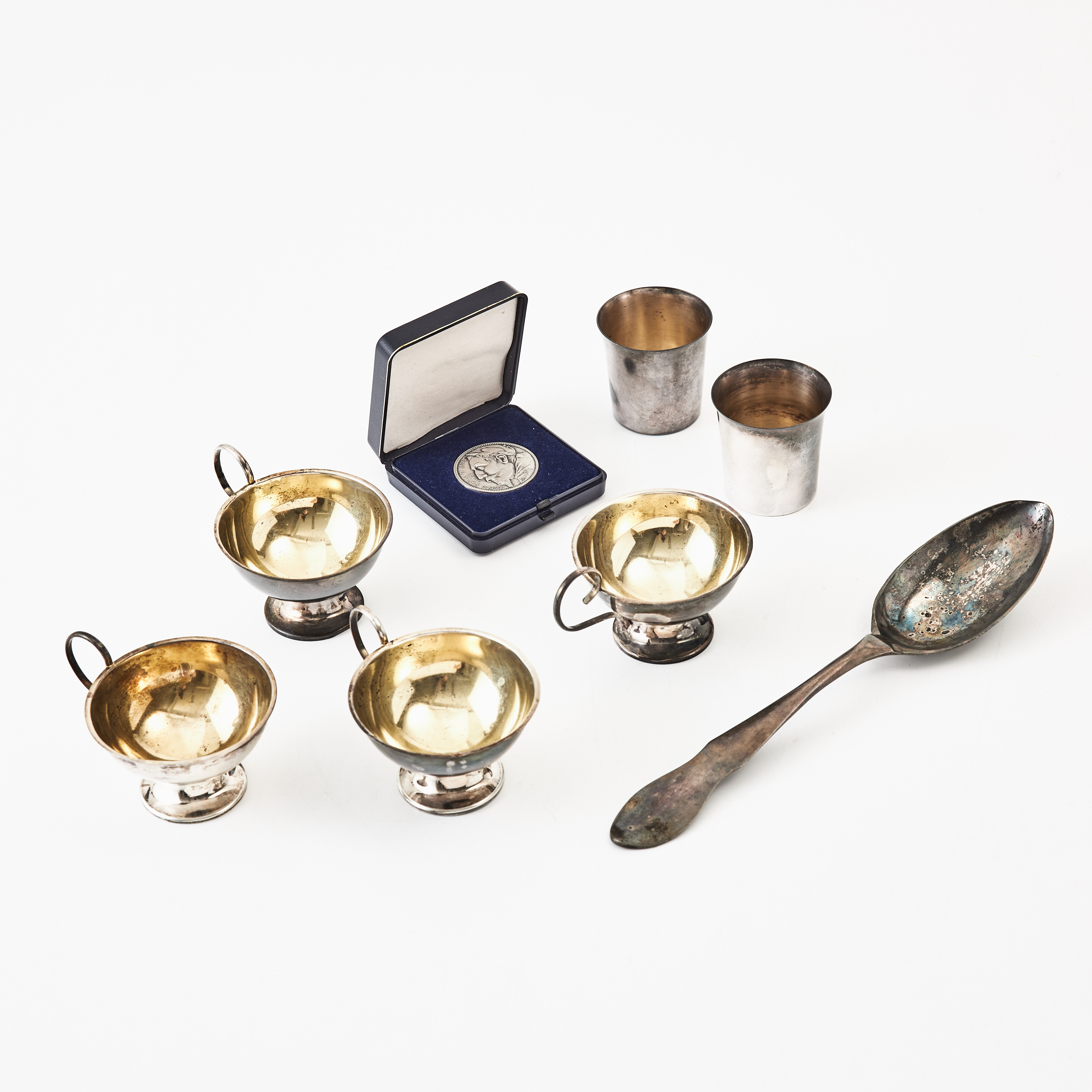 PUNSCHMUGGAR, BÄGARE, SKED, MINNESMYNT, silver.