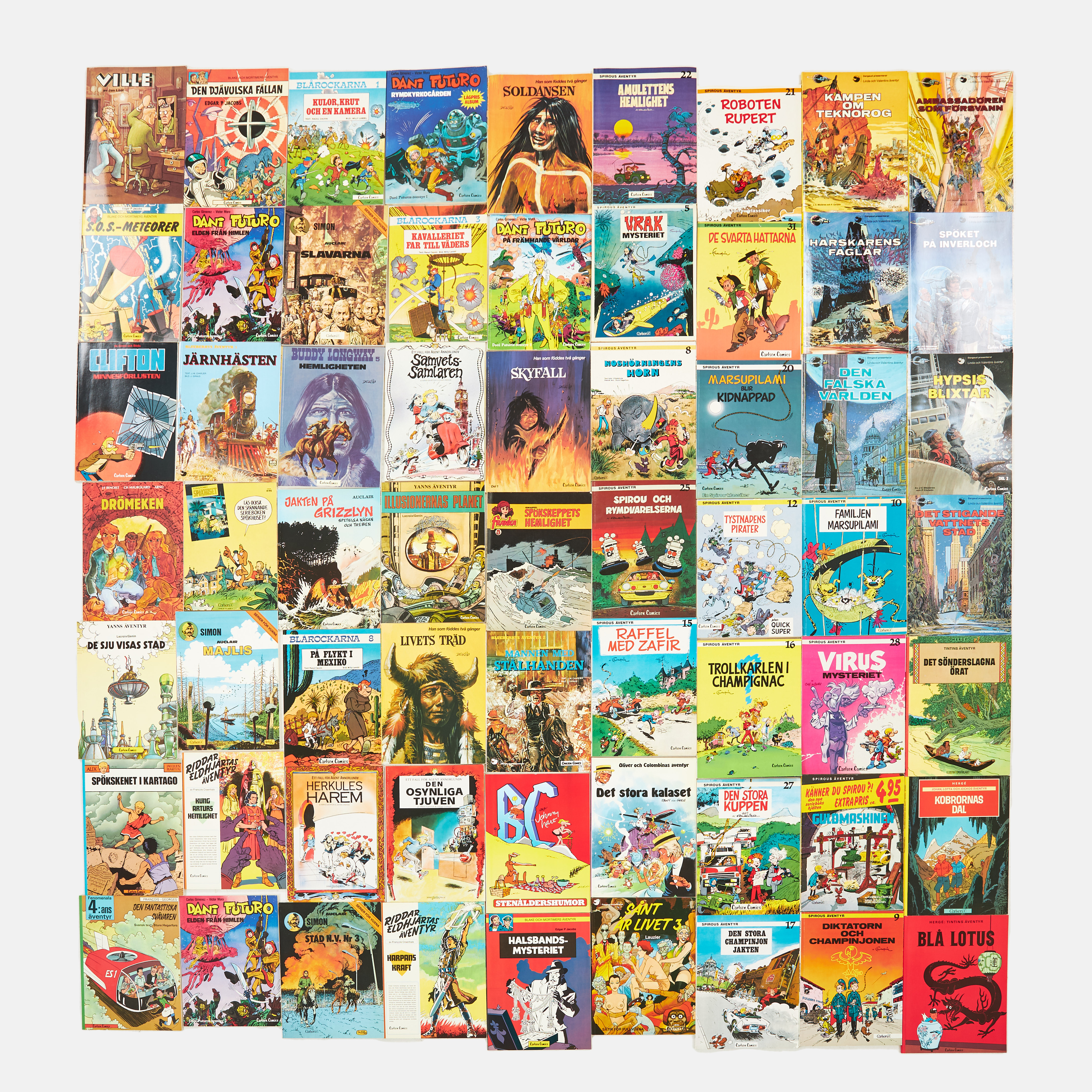 SERIEMAGASIN CARLSEN COMICS, ca 63 st., ca 1970-1980-tal, olika serier, bland annat 16 st Spirous Äventyr, 7 st Linda och Valentins Äventyr, 3 st Hergé med med mera.