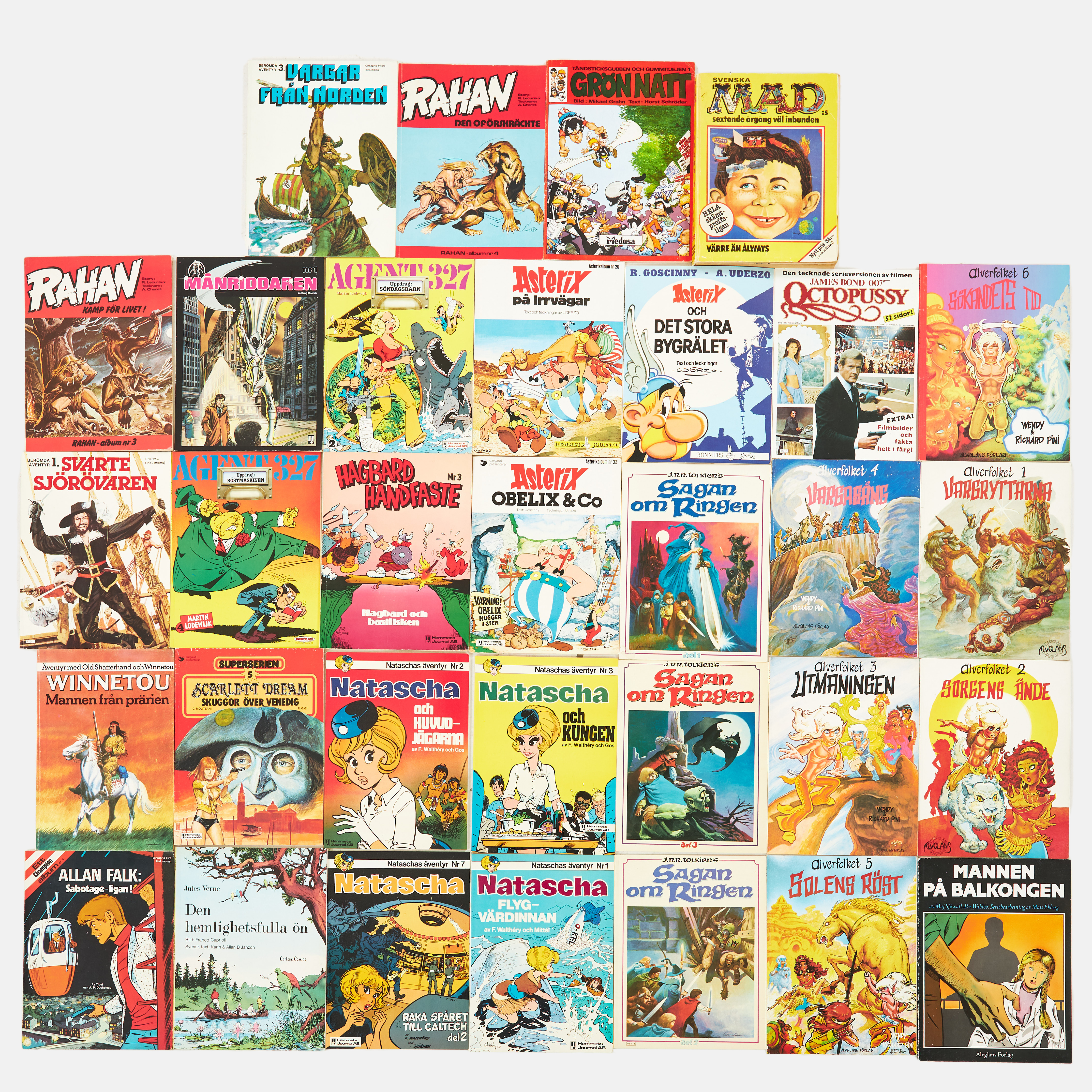 SERIEMAGASIN, 31 st., ca 1970-1980-tal, olika serier och förlag, bland annat Mad sextonde årgång inbunden, Sagan om ringen del 1-3 Atlantic Förlag AB, James Bond Octopussy Semic, 7 st Alvglans Förlag med mera.