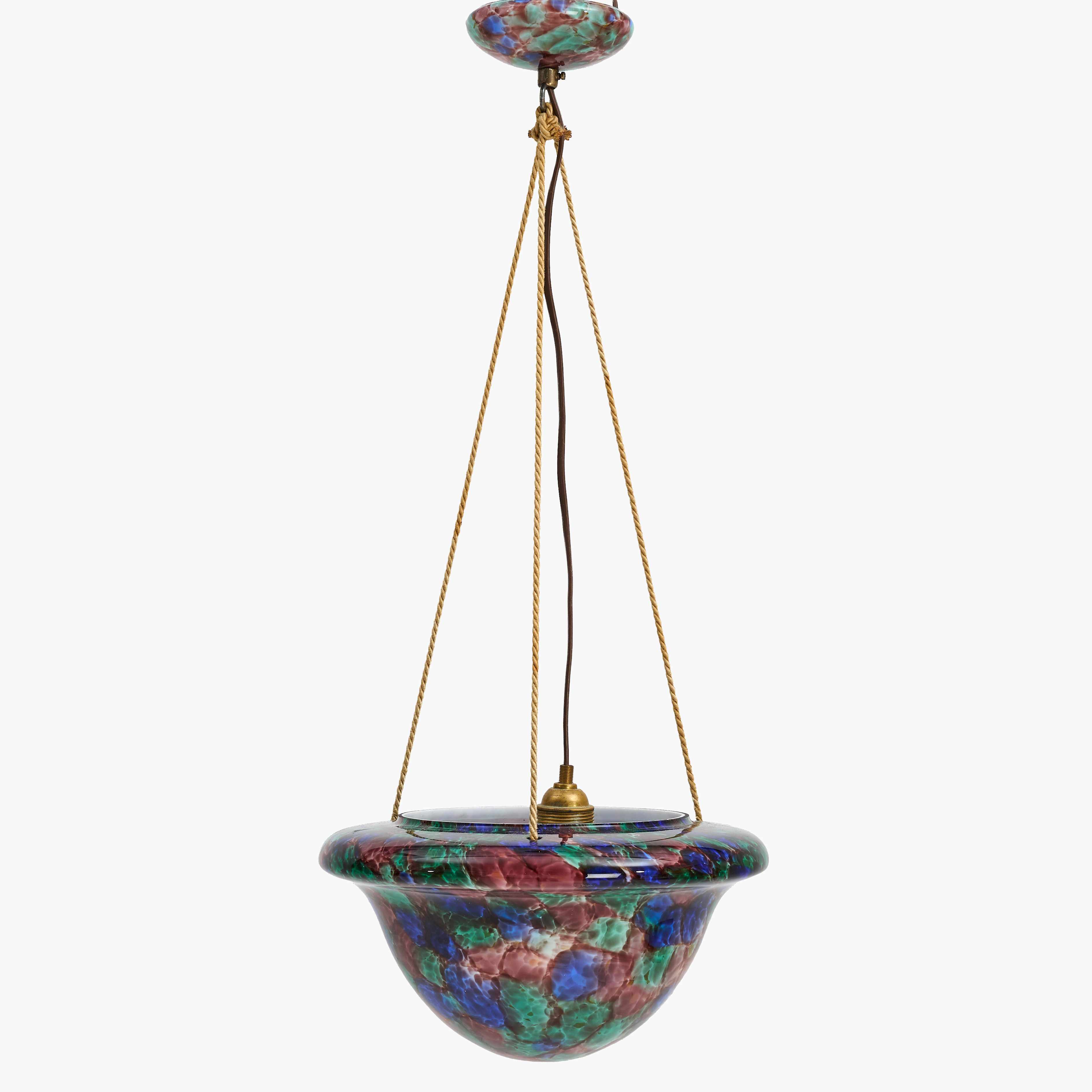 TAKAMPEL, tidigt 1900-tal, glaskupa med marmorerad dekor i blå, lila och grönt, snörupphängning.