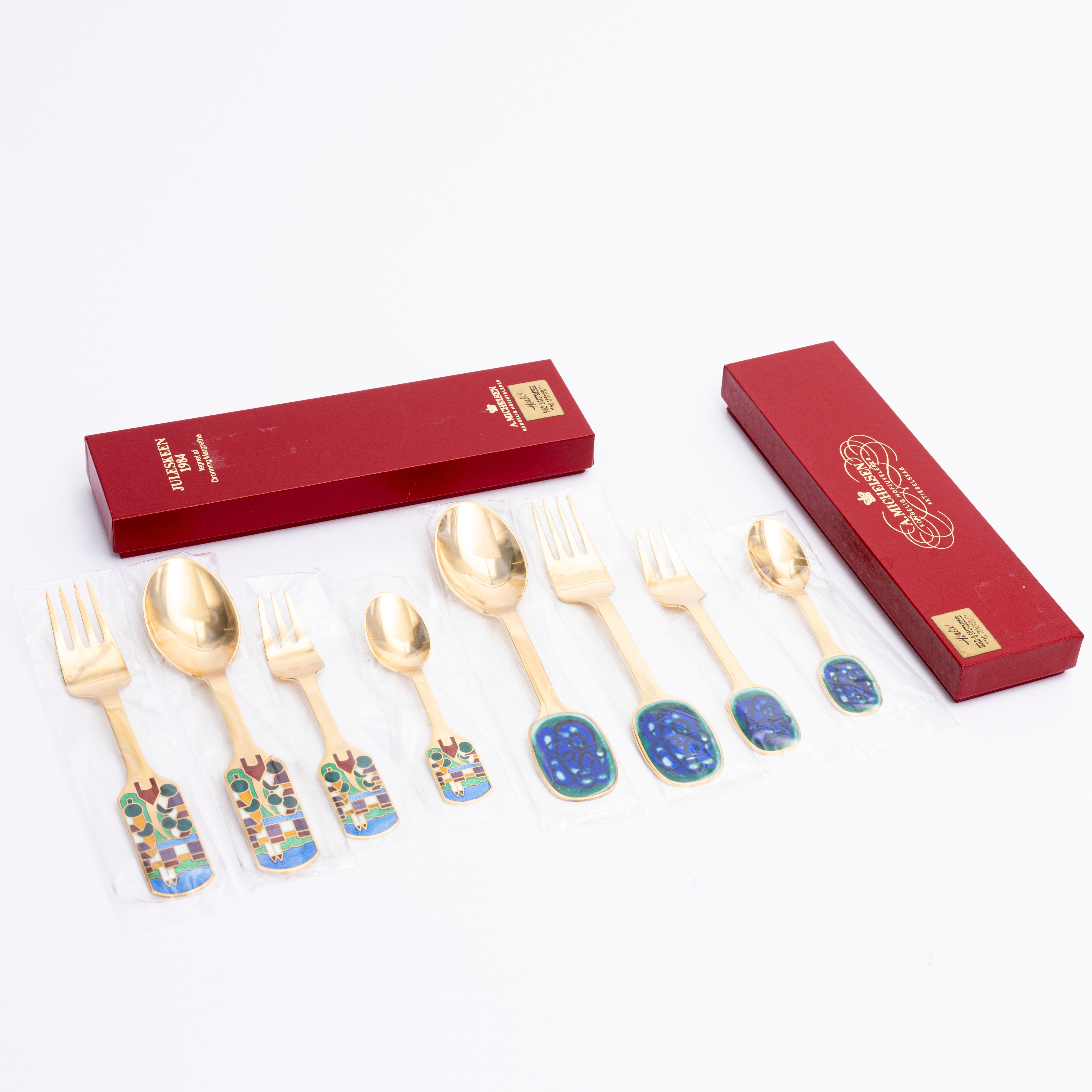 ÅRSBESTICKSDELAR, 8 st, sterlingsilver och emalj, "Jul", Anton Michelsen, Danmark, 1988.