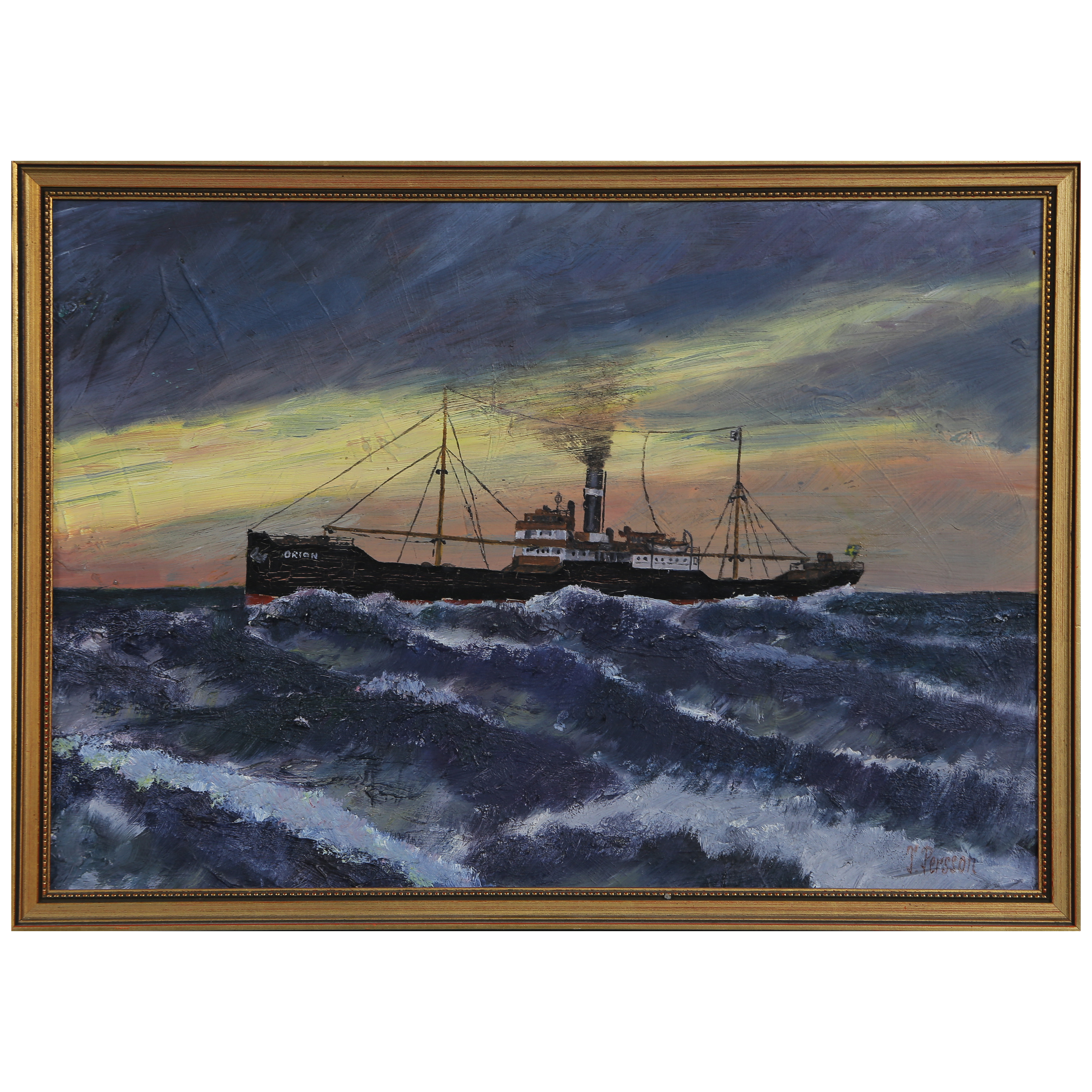 "ORION" ÅNGFARTYG, HOBOKEN 1924, OLJA PÅ PANNÅ, SIGNERAD T PERSSON, OIDENTIFIERAD KONSTNÄR.