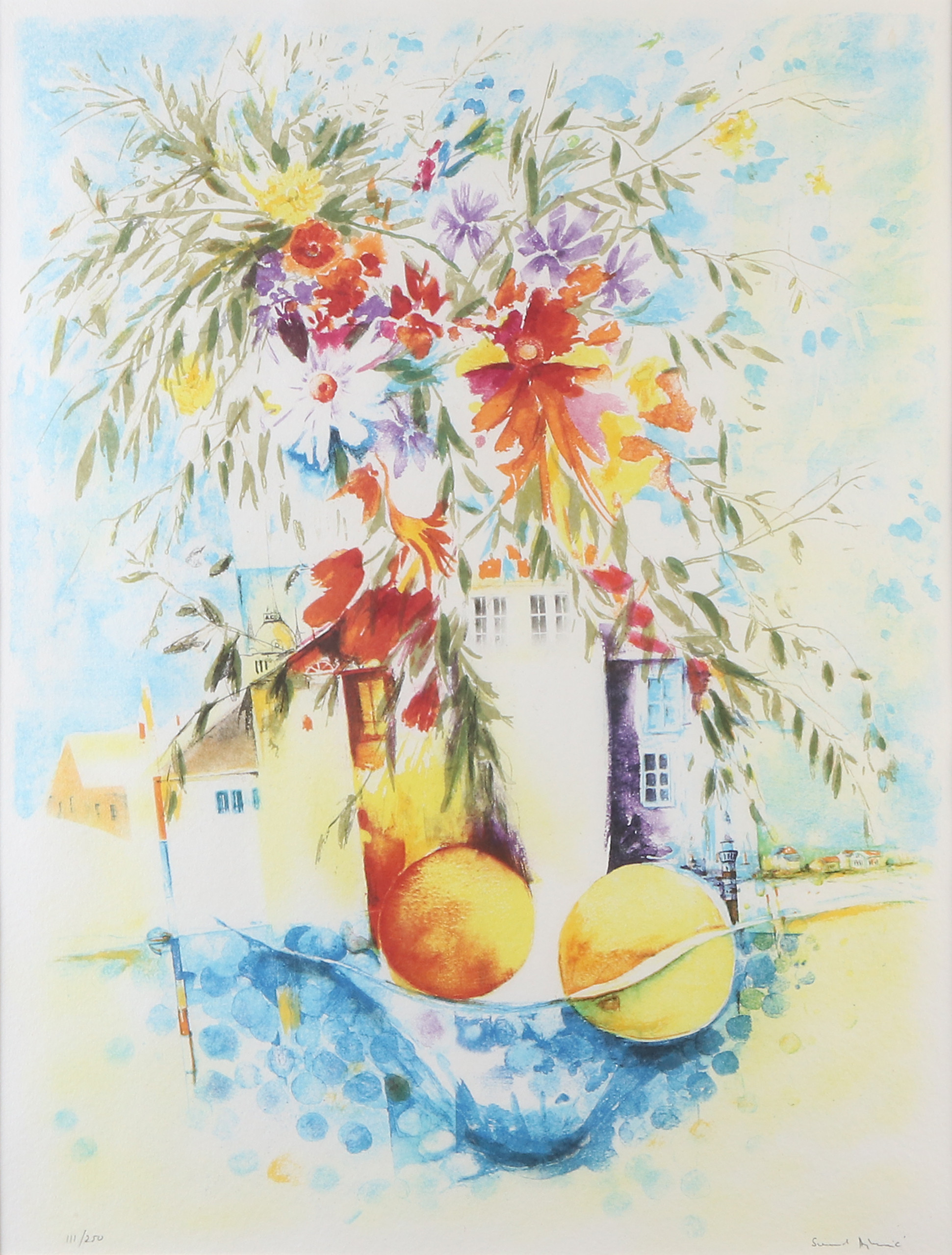 SMAIL AJKUNIC. Litografi, 111/250. Hus i landskap. Signerad.