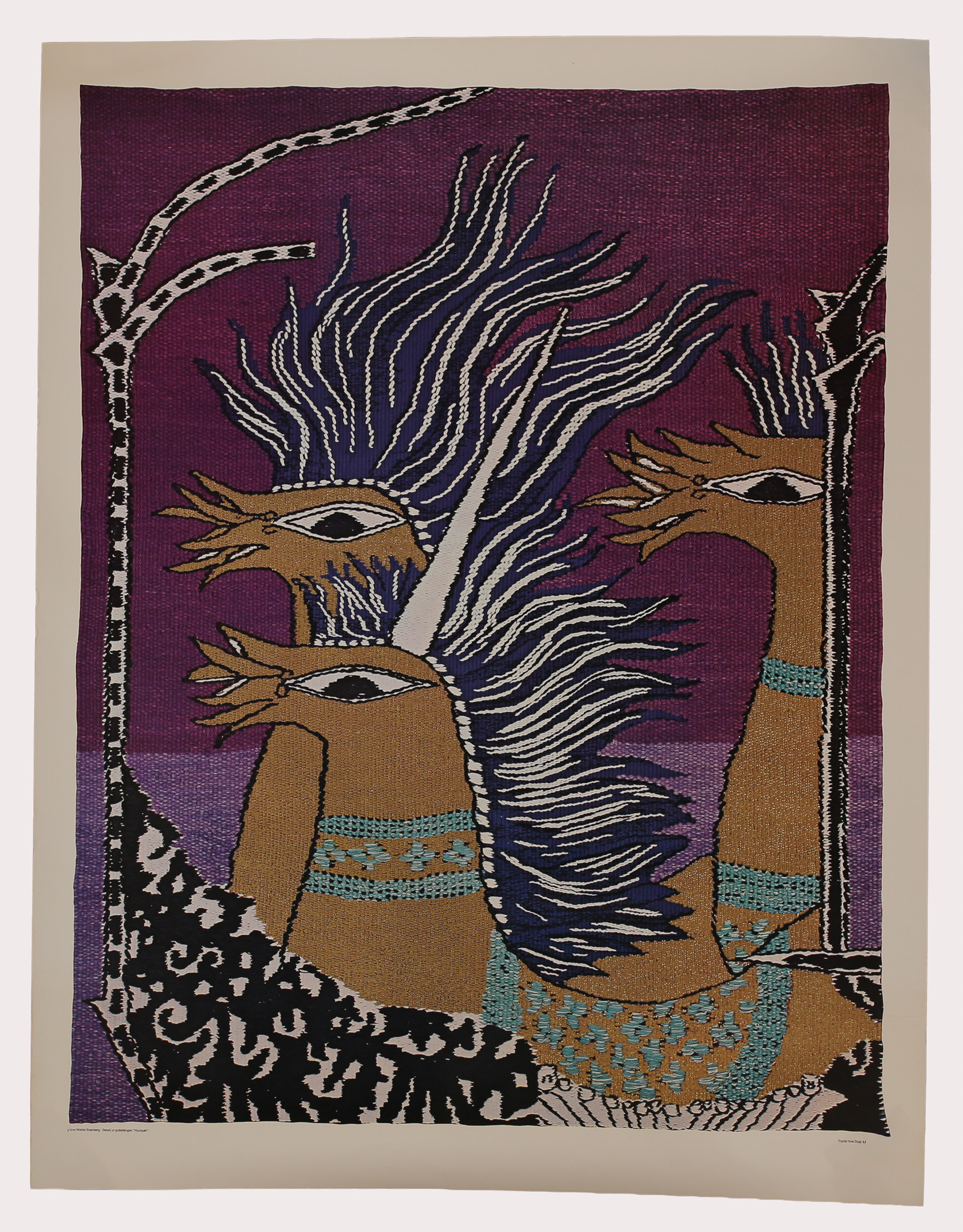 MAX WALTER SVANBERG. offsettryck med guldprägling, Detalj ur gobeläng "Hjulspår".