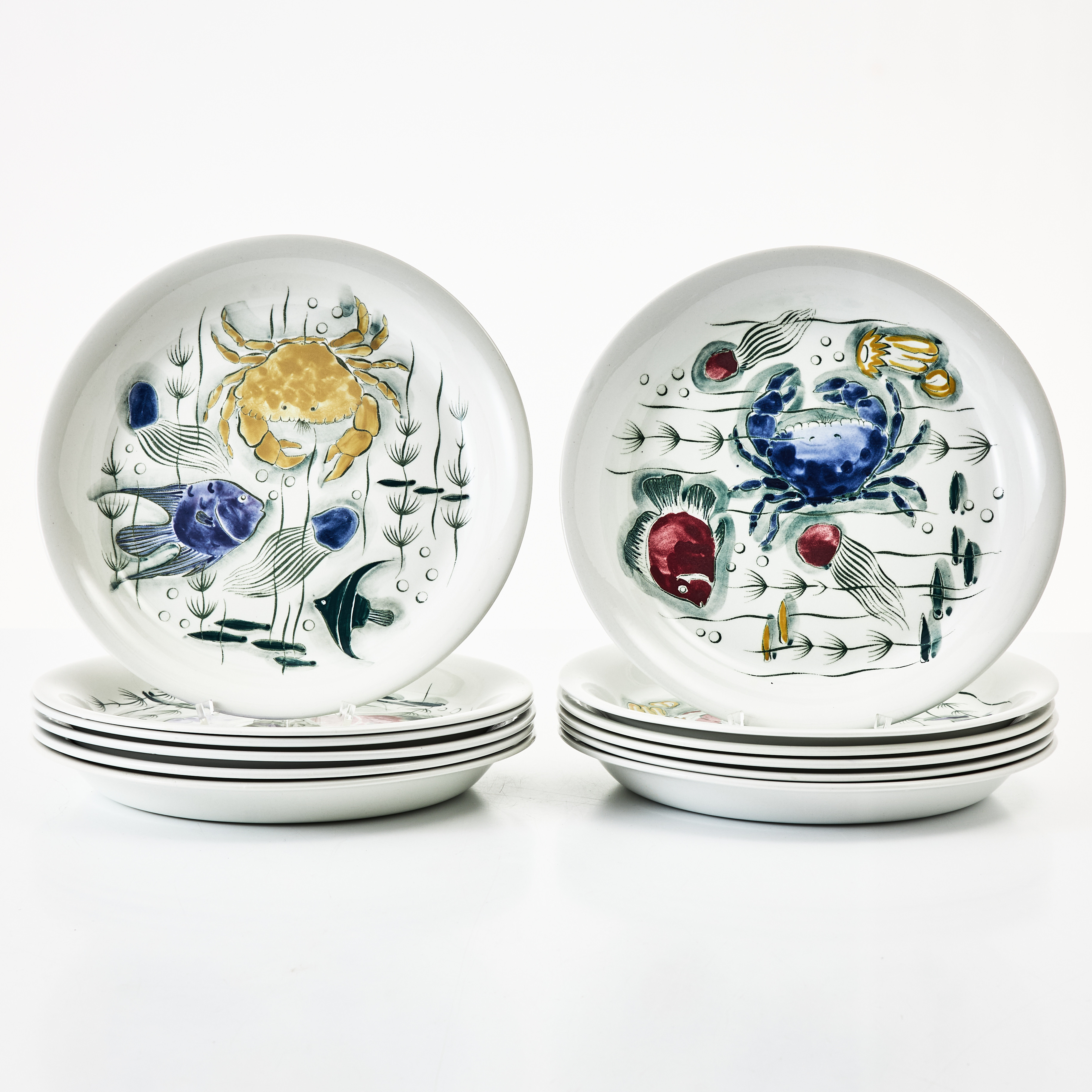 KAJ FRANCK & ANJA JUURIKKALA. Tallrikar, 12 st, "Crayfish", Arabia, flintgods, 1960-tal.