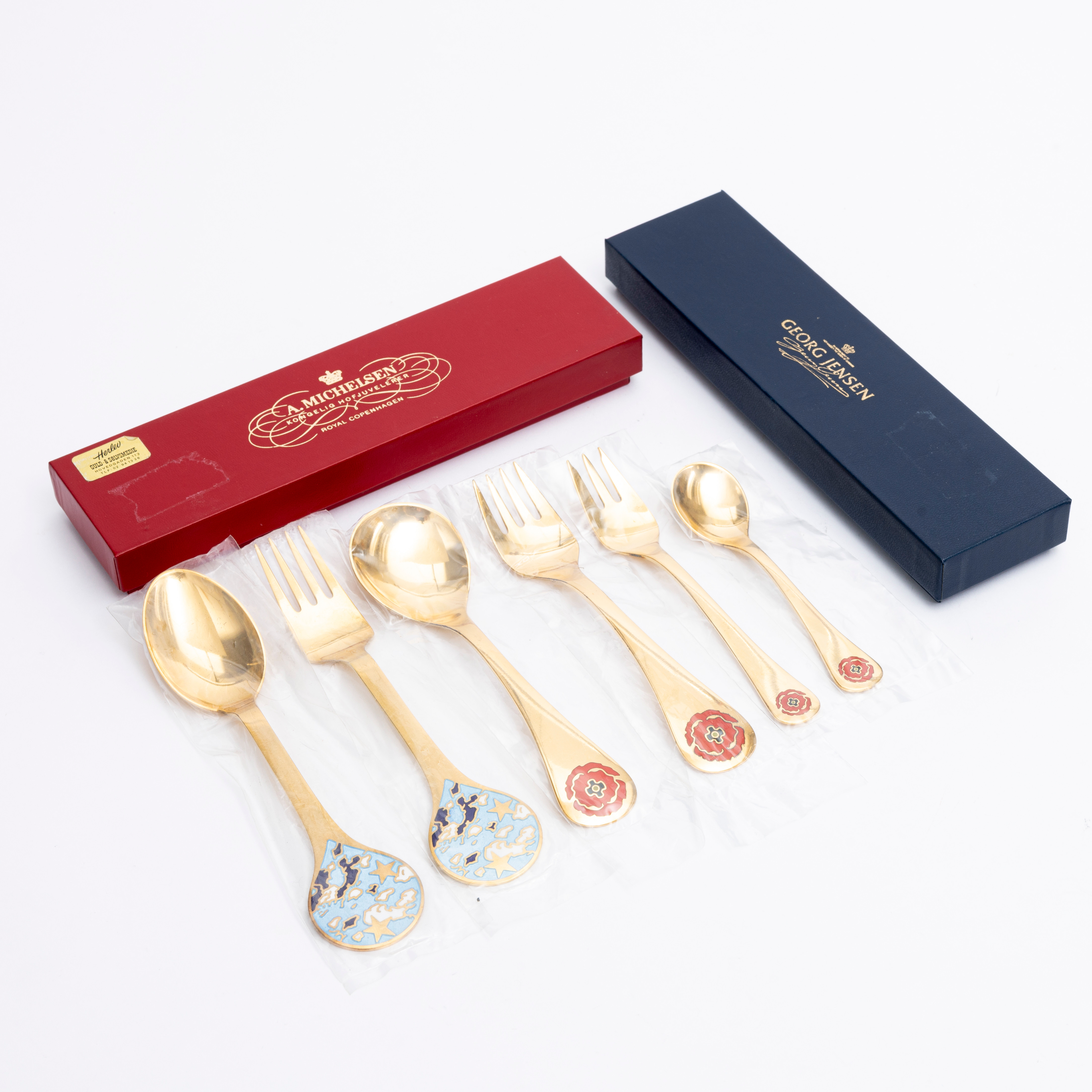 ÅRSBESTICKSDELAR, 6 st, sterlingsilver och emalj varav 2 st "Jul", Georg Jensen och Anton Michelsen, Danmark, 1993-94.