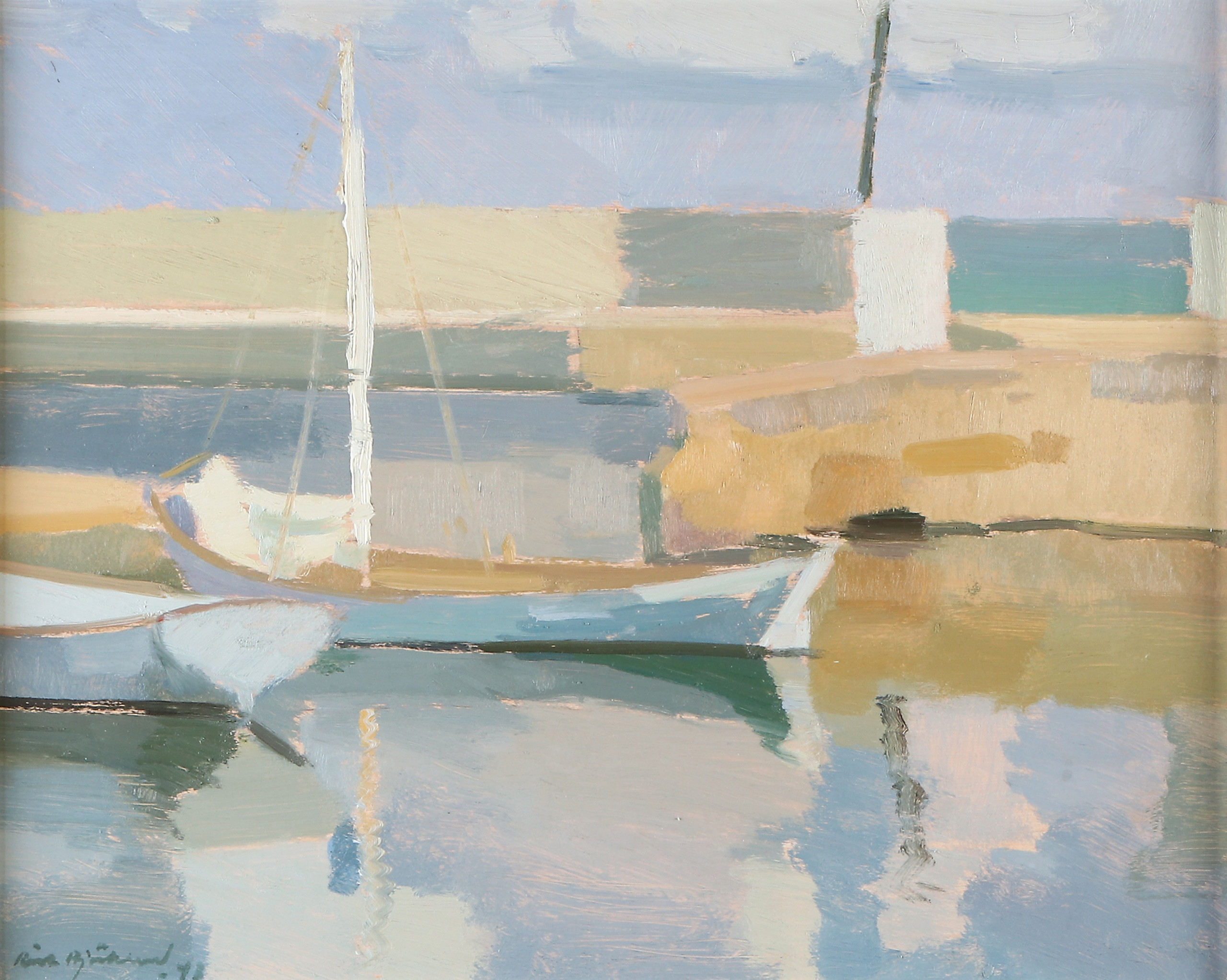 RICHARD BJÖRKLUND. Oljemålning på pannå. "Hamnbild". Signerad och daterad -42.