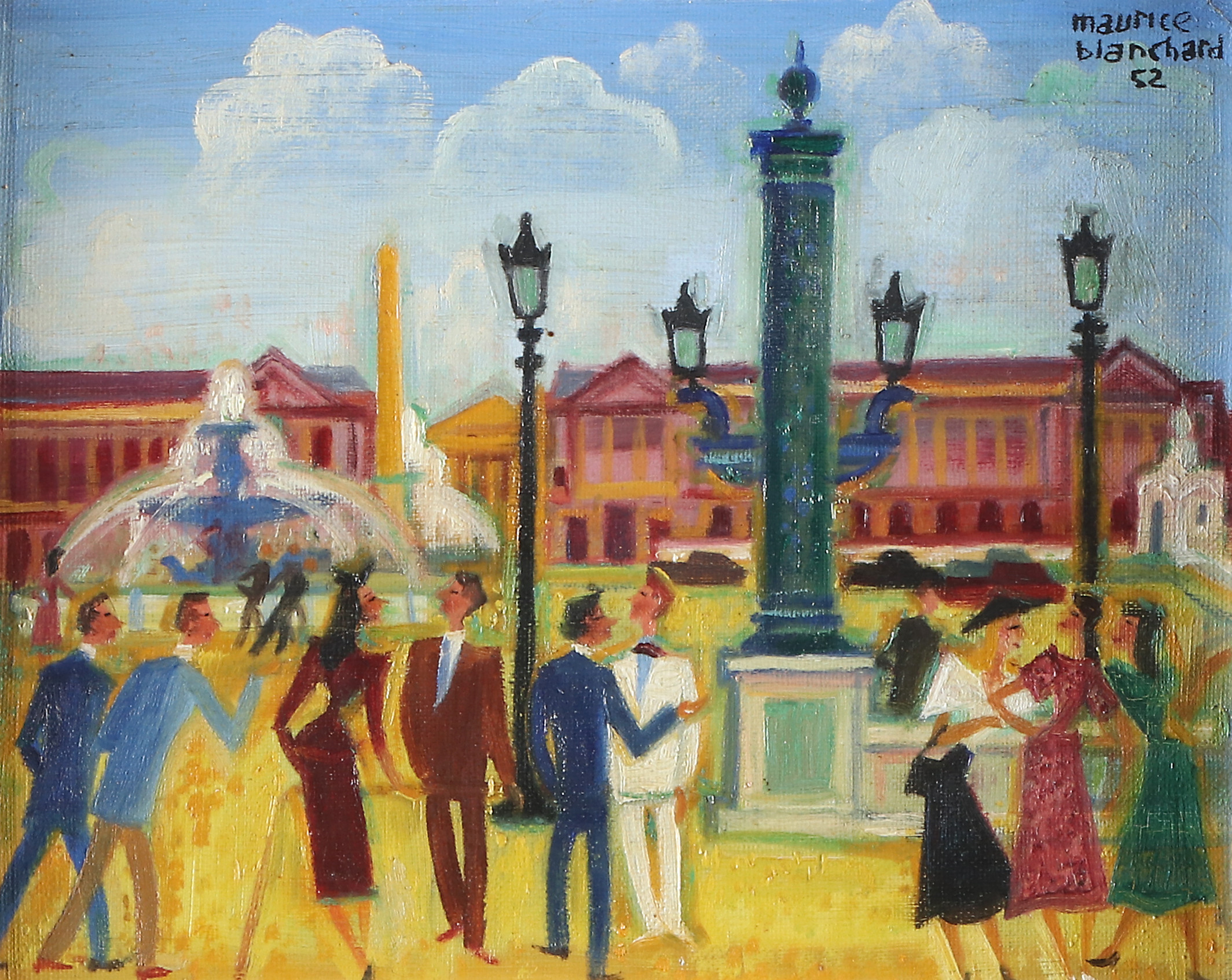 MAURICE BLANCHARD. Oljemålning på duk. Stasmotiv med flanörer. Signerad och daterad 52.