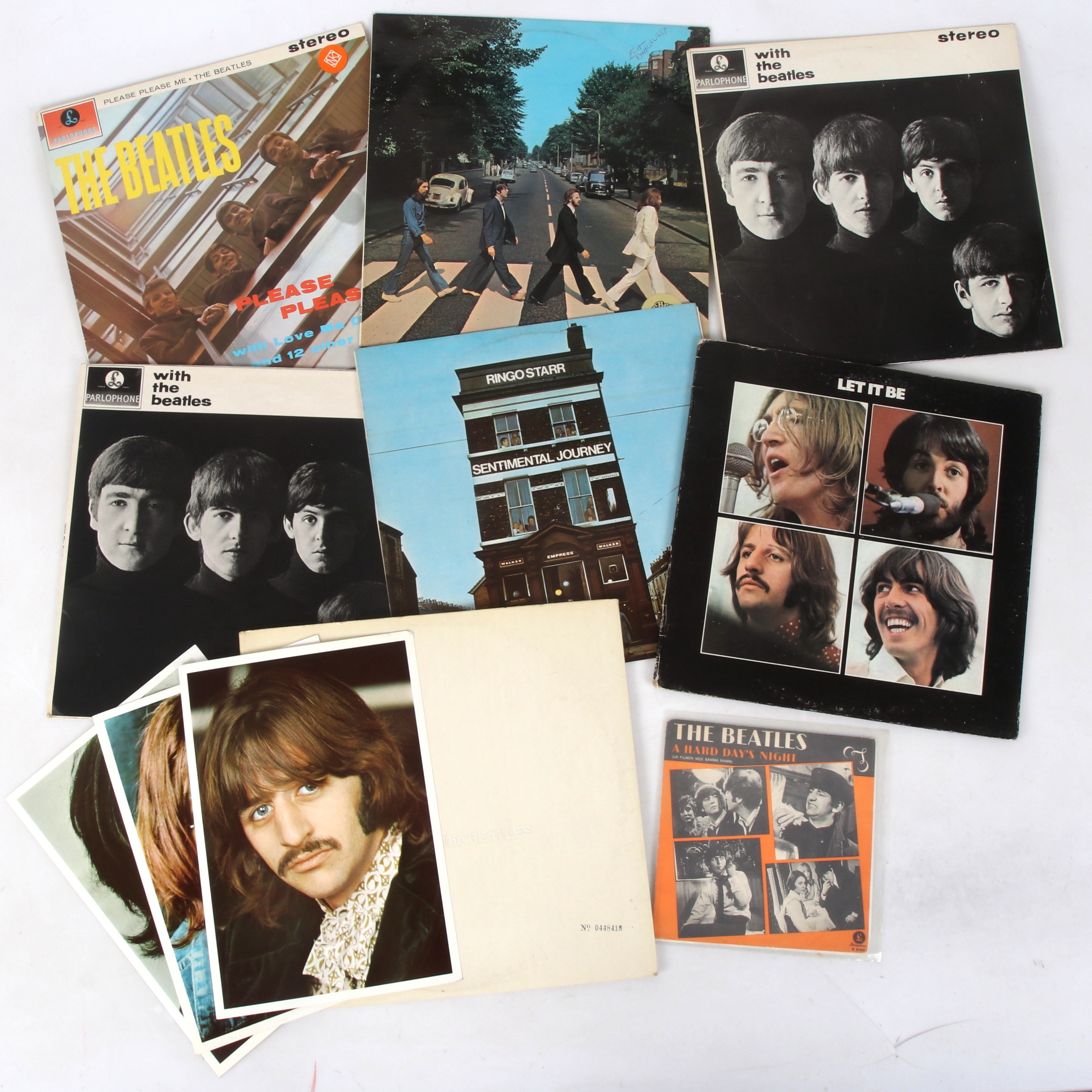BEATLES, 7 st, Lp-skivor och en singel. Bl.a. Abbey Road, With the Beatles, White Album, mfl. 1960/70-tal.