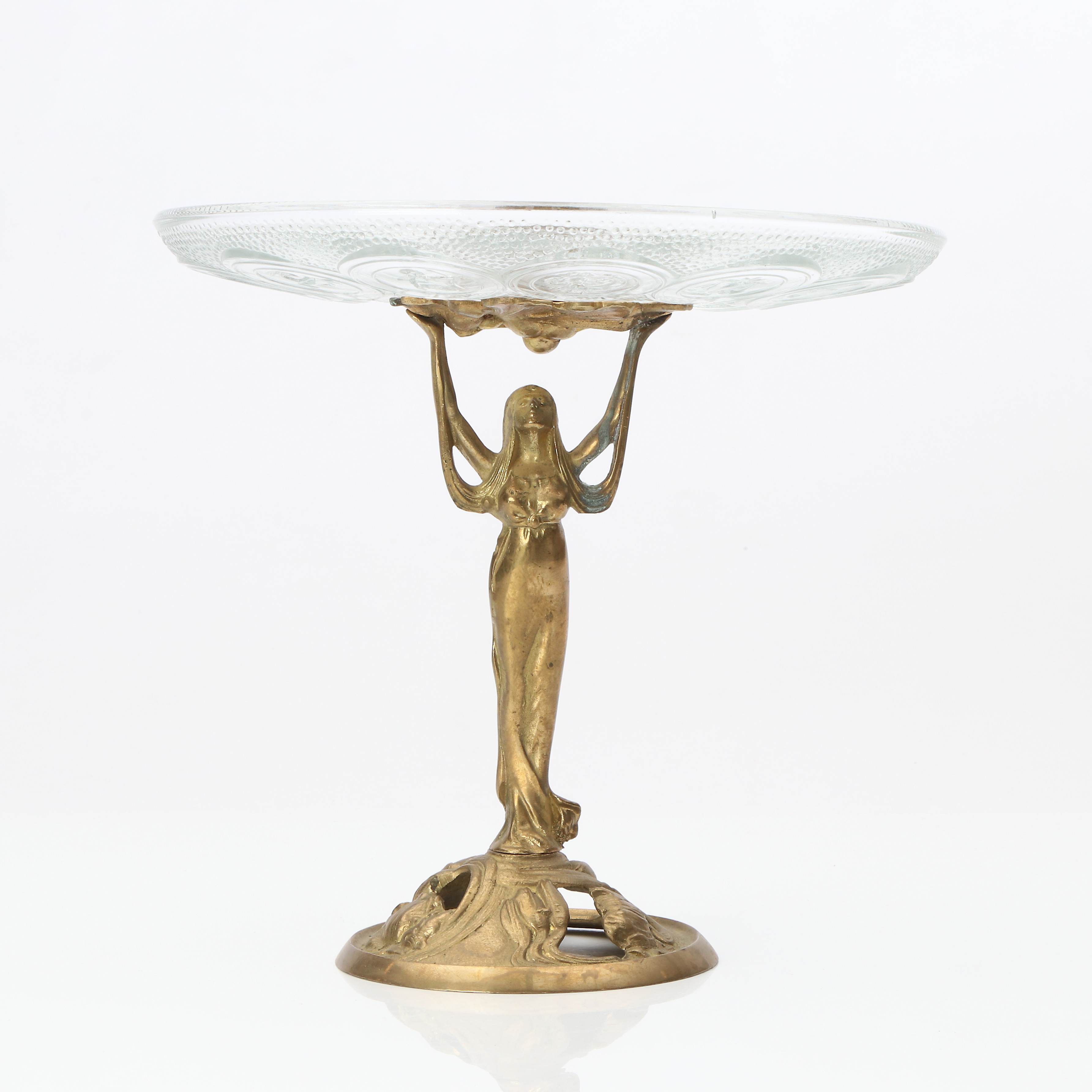 UPPSATSSKÅL. Förgylld brons med skål i pressglas. Art Noveaustil, 1900-tal, skålen med dekor av zodiakens tecken.