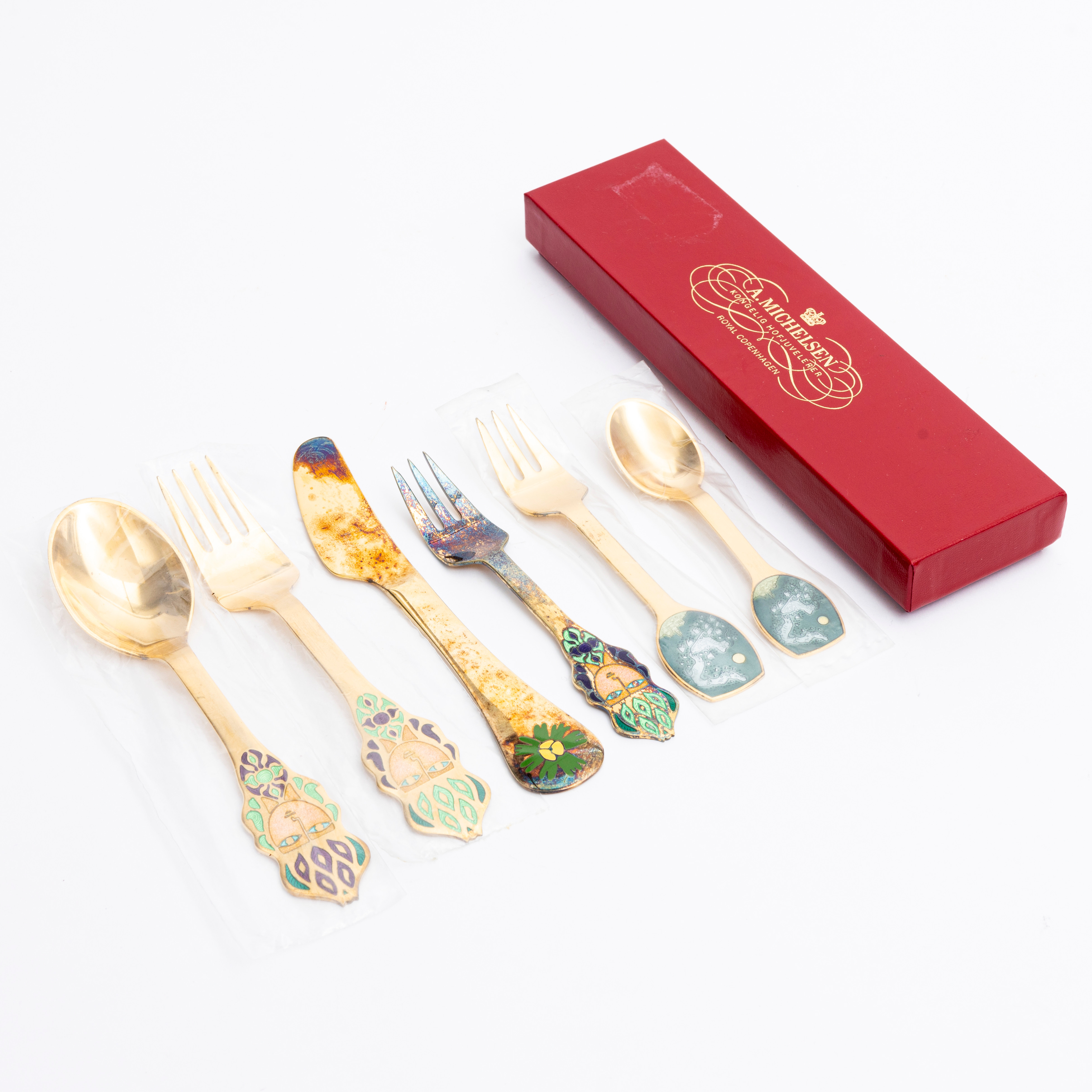 ÅRSBESTICKSDELAR, 6 st, sterlingsilver och emalj, Georg Jensen och Anton Michelsen, Danmark. 1982-83.