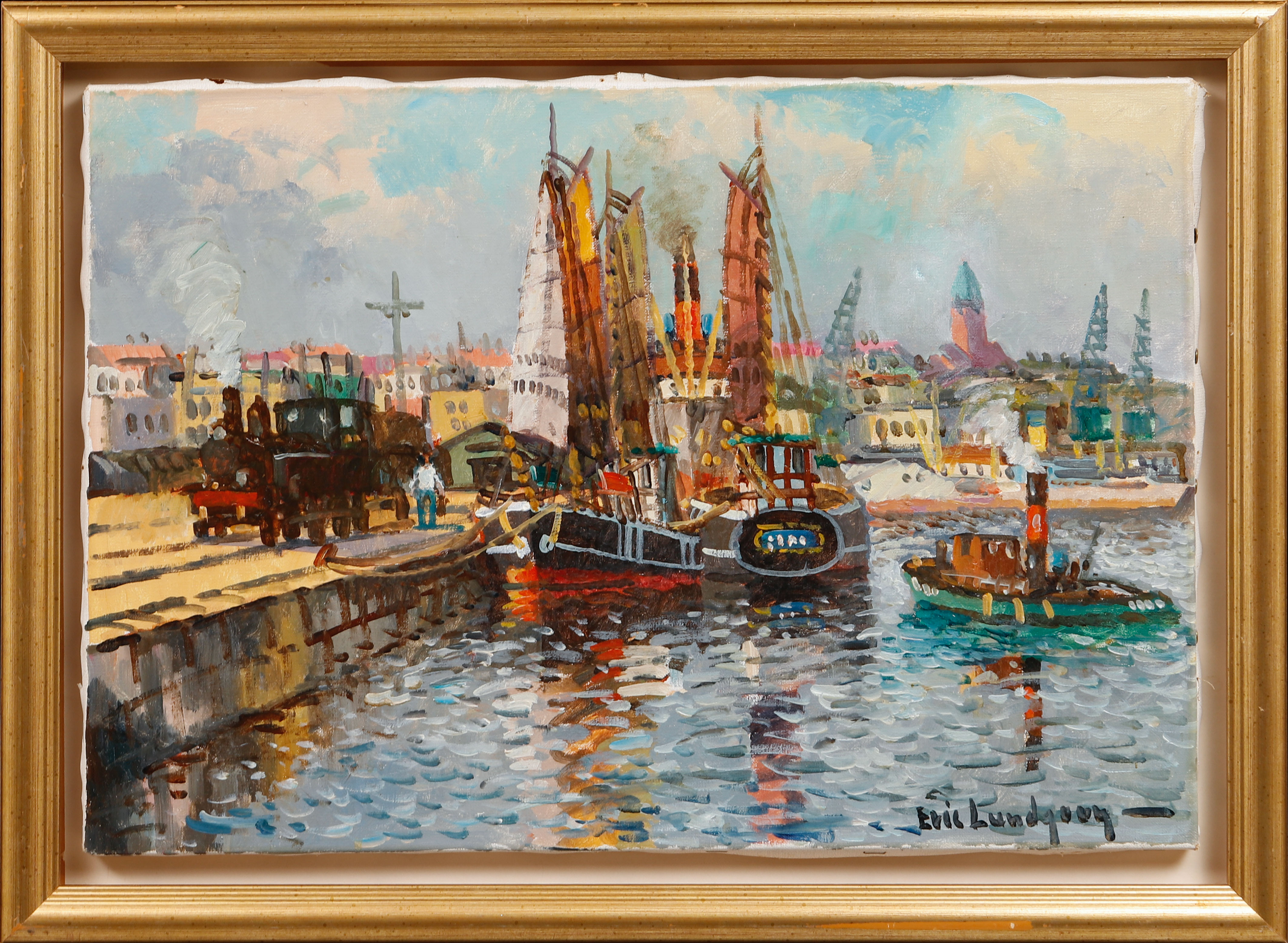 ERIC LUNDGREN. Göteborgs hamn, olja på duk, signerad.