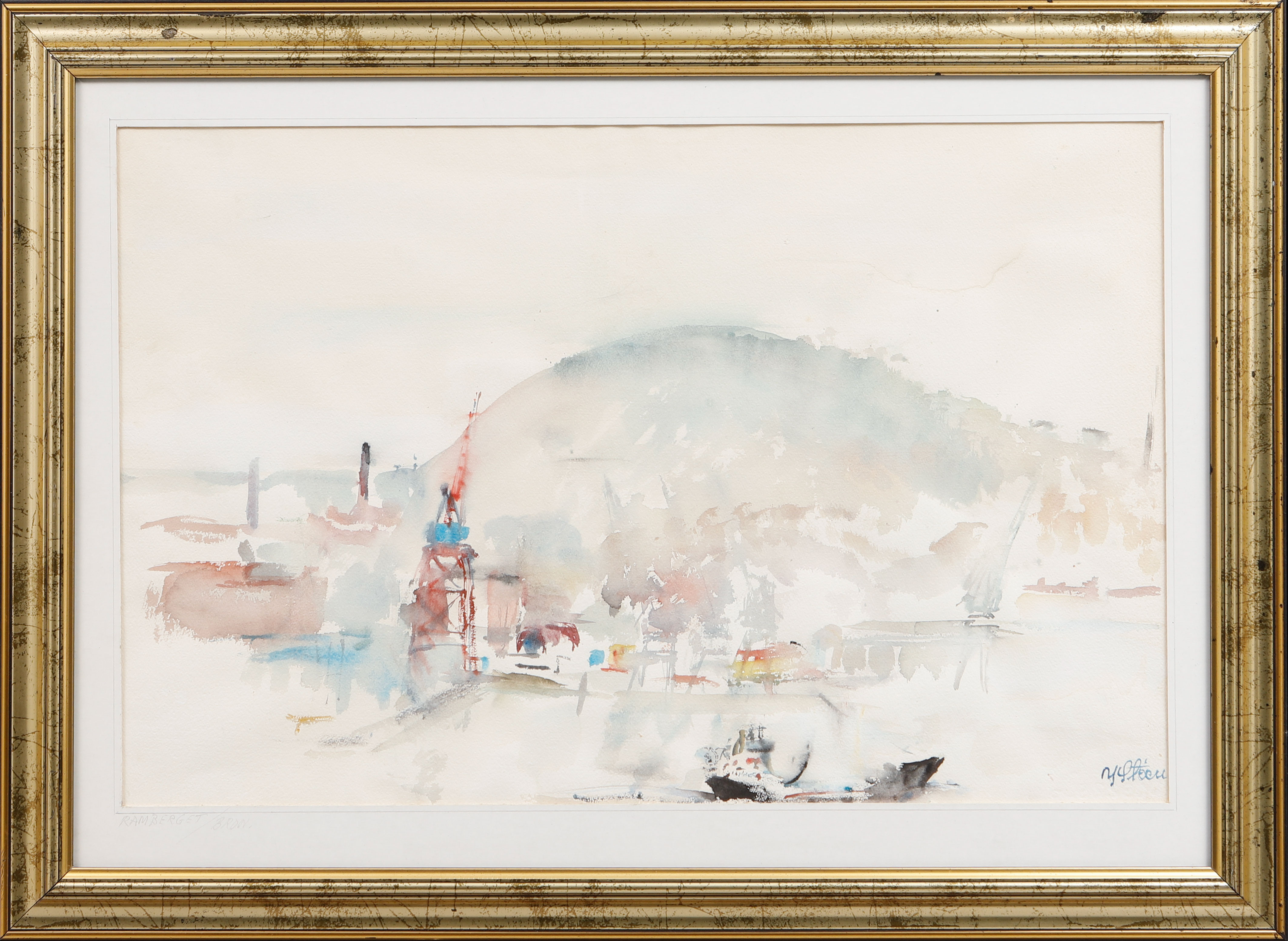 YNGVE STEEN. Hamnbild Ramberget, akvarell, signerad.