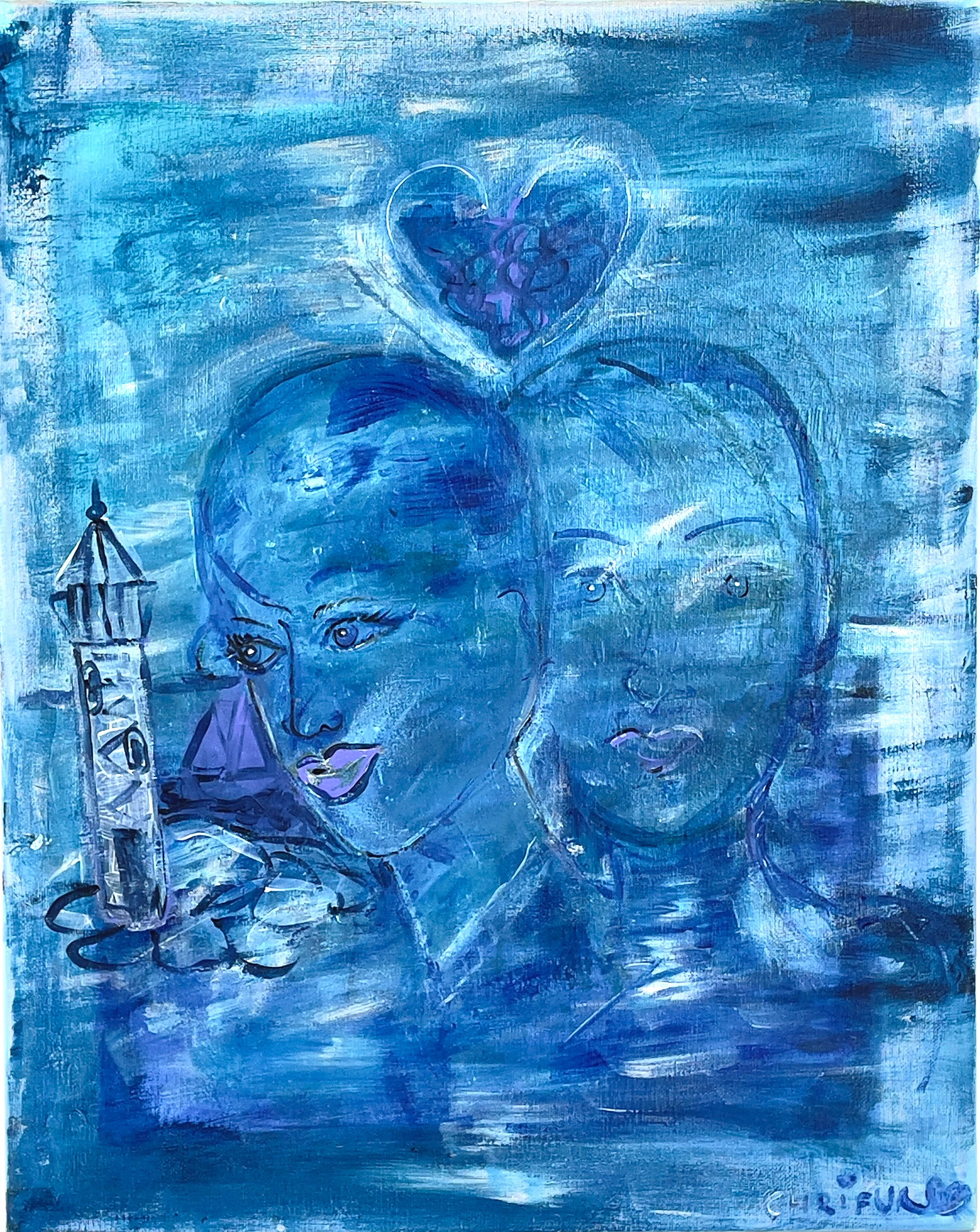 CHRISTINA FURTENBACH, akryl på duk, två ansikten i blått, signerad Chrifur.