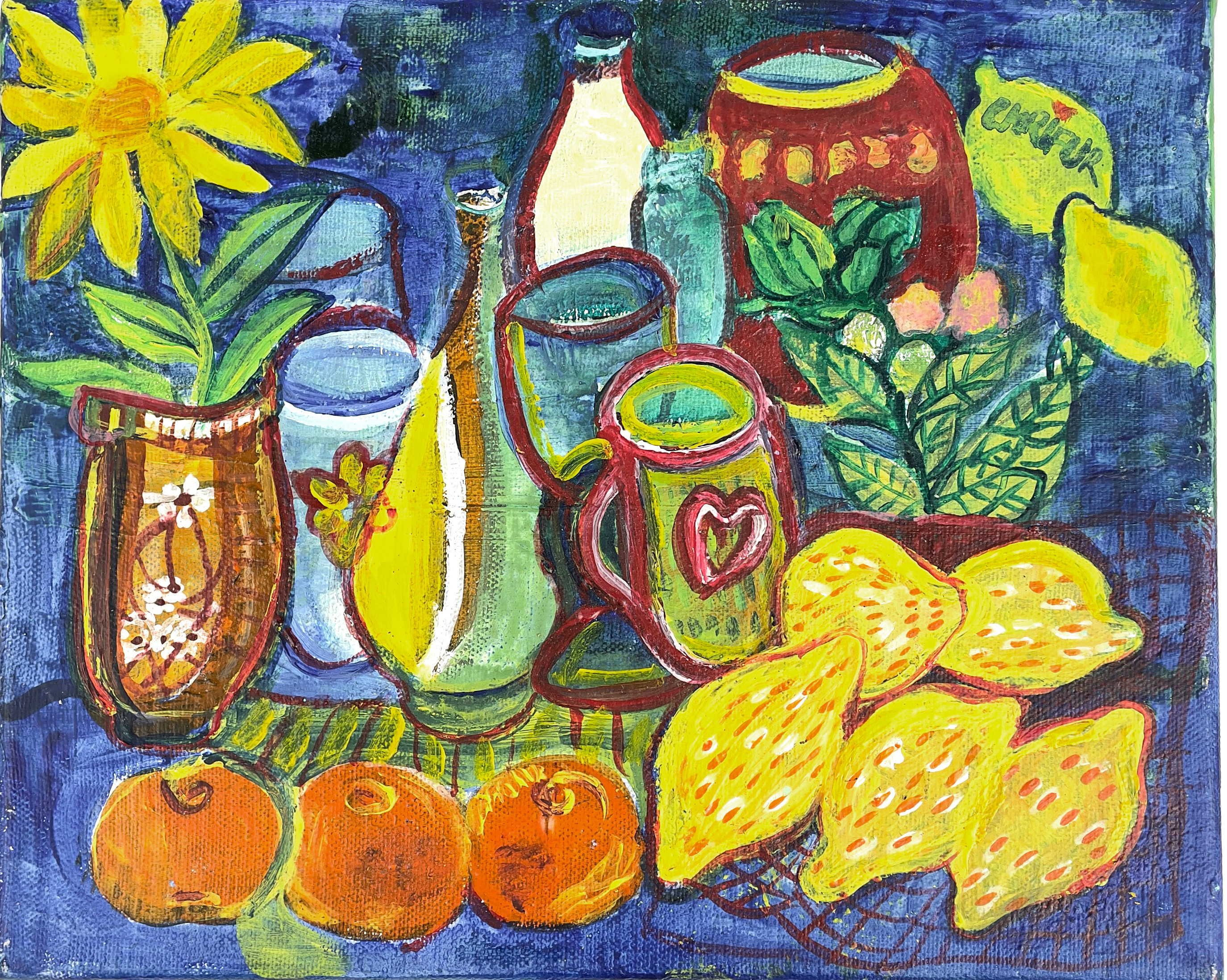 CHRISTINA FURTENBACH, akryl på duk, stilleben med frukter och vaser, signerad Chrifur.