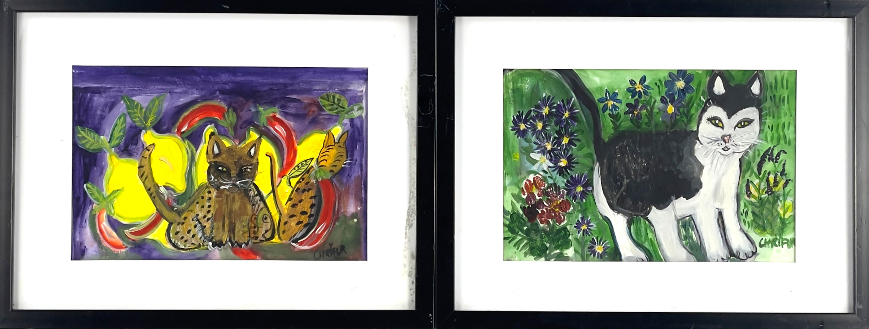 CHRISTINA FURTENBACH, 2 delar, blandteknik på papper, motiv av katter, signerade Chrifur.