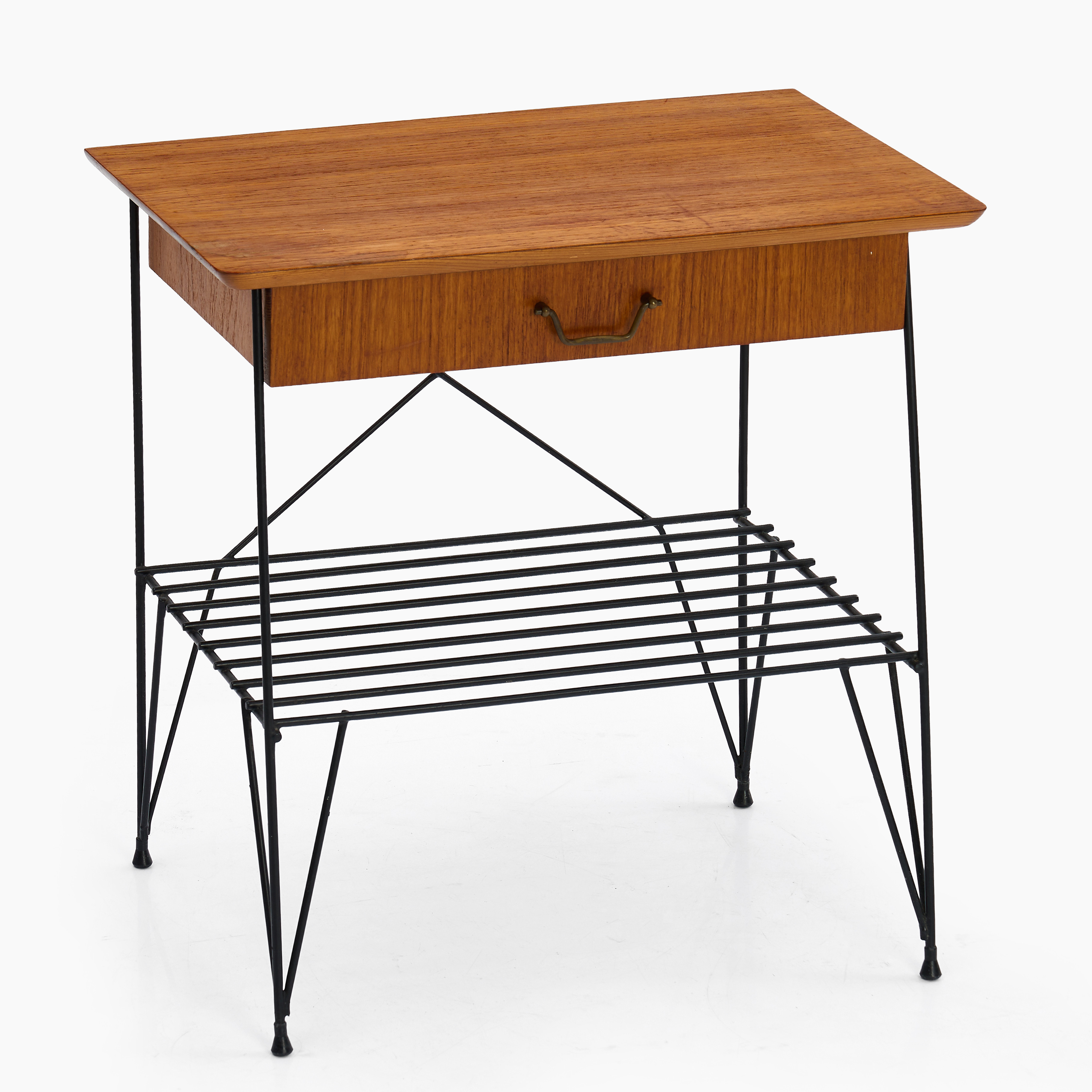 HALLBORD, 1950/60-tal, fanerad i teak, svartlackerad stomme i metall, låda samt hyllplan undertill.