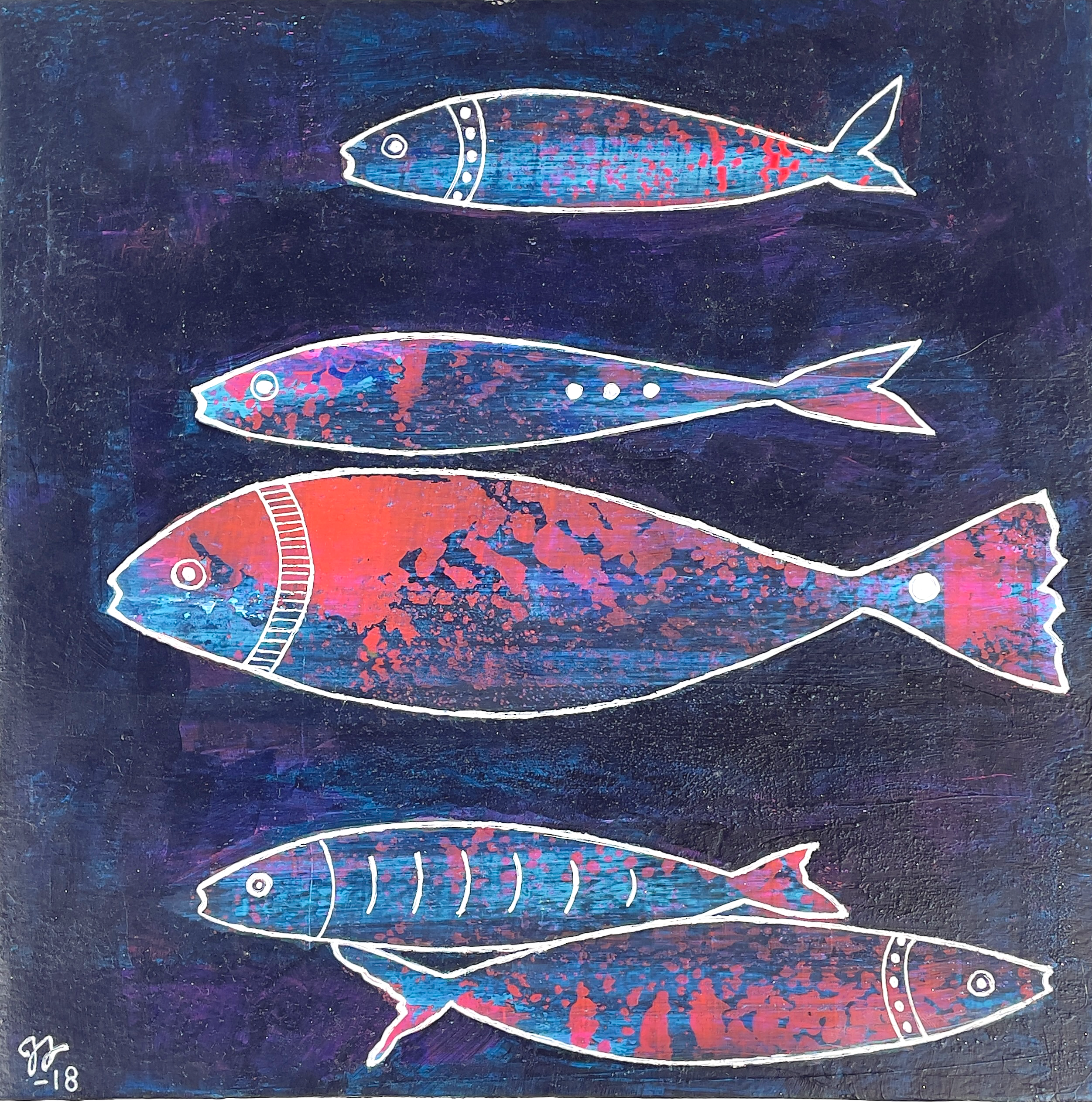 JESSICA JARL, akryl på pappannå, "Deep waters", monogramsignerad samt daterad -18. Signerad a tergo.