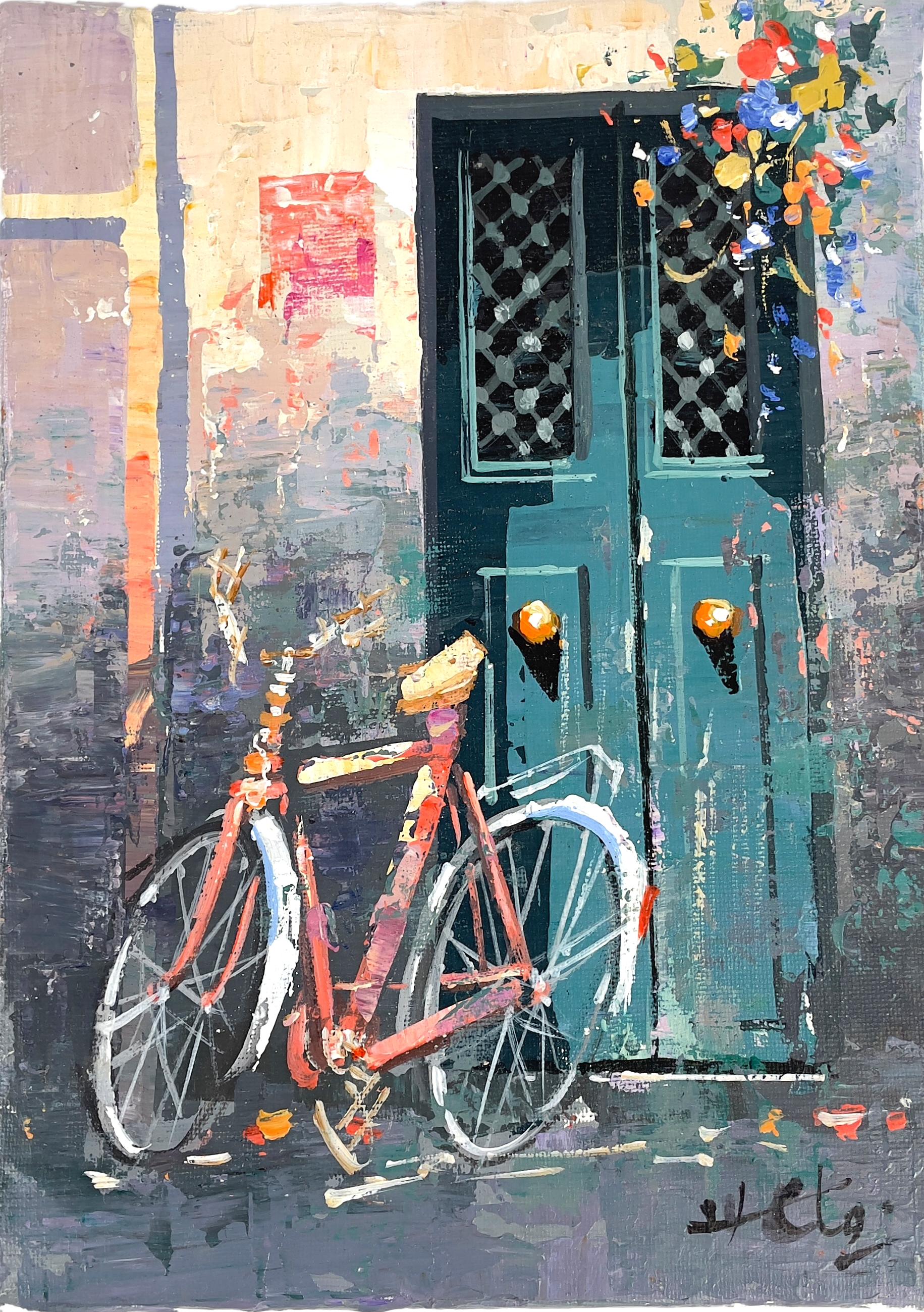 OIDENTIFIERAD KONSTNÄR, akryl på duk, cykel framför dörr, otydligt signerad.