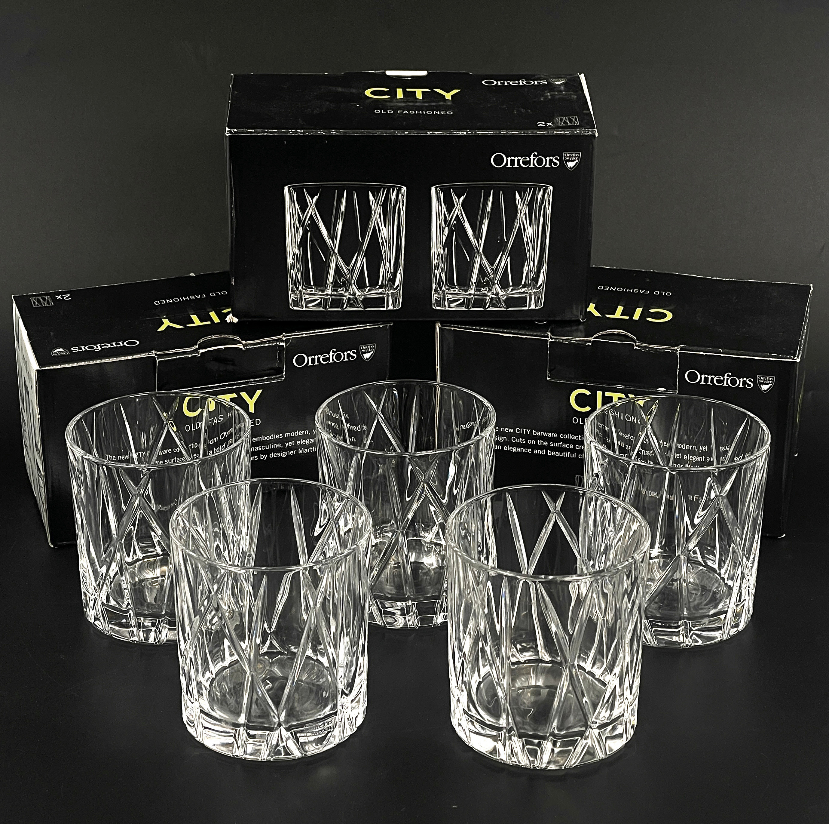 MARTTI RYTKÖNEN (f. 1960), whiskeyglas, 5 st, "City, Old Fashioned", Orrefors.