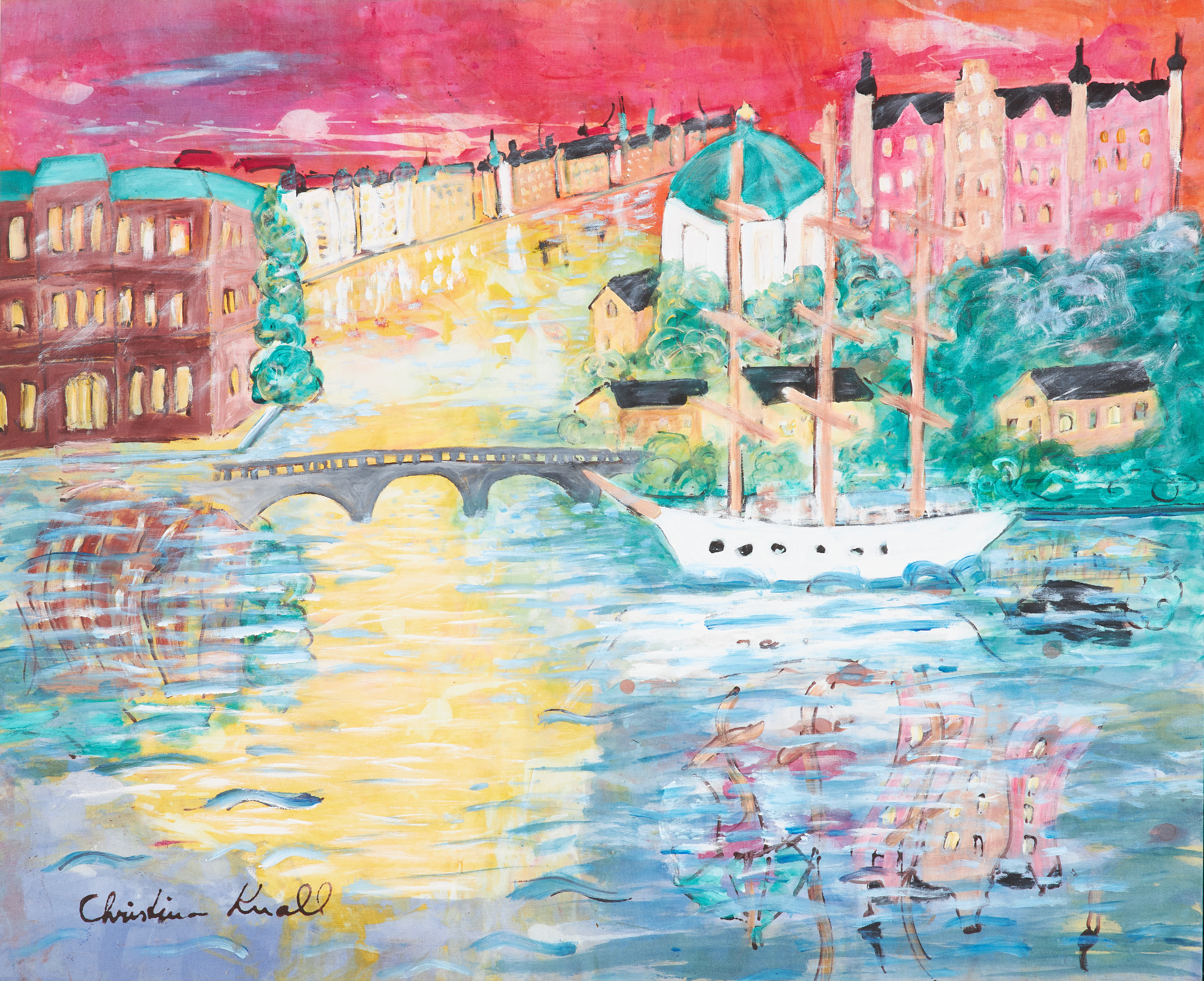 CHRISTINA KNALL. "Af Chapman". olja på duk, vy över Skeppsholmen och Nationalmuseum, samt Strandvägen i bakgrunden.