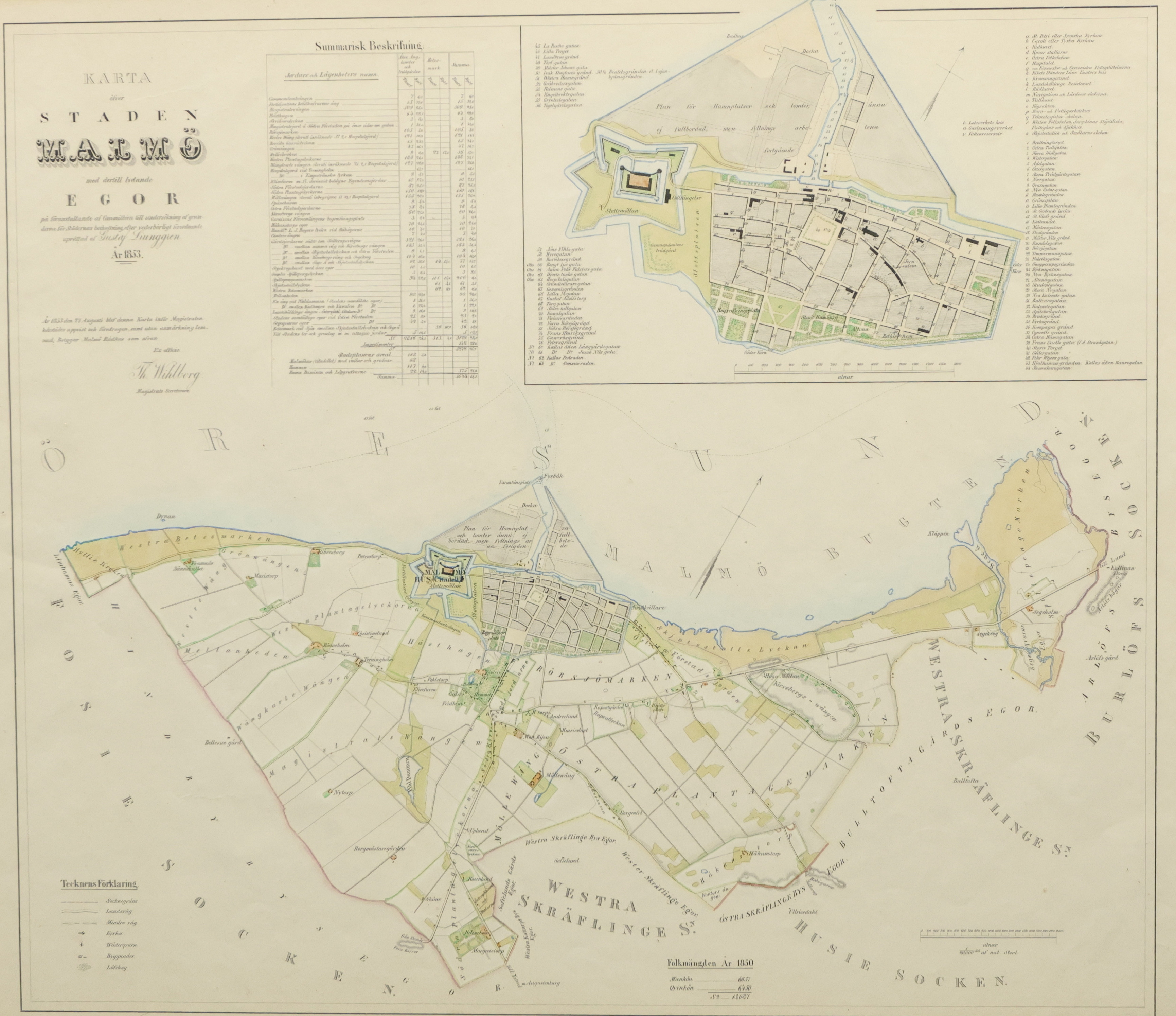 KARTA, "Staden Malmö med dertill lydande ägor", 1853.