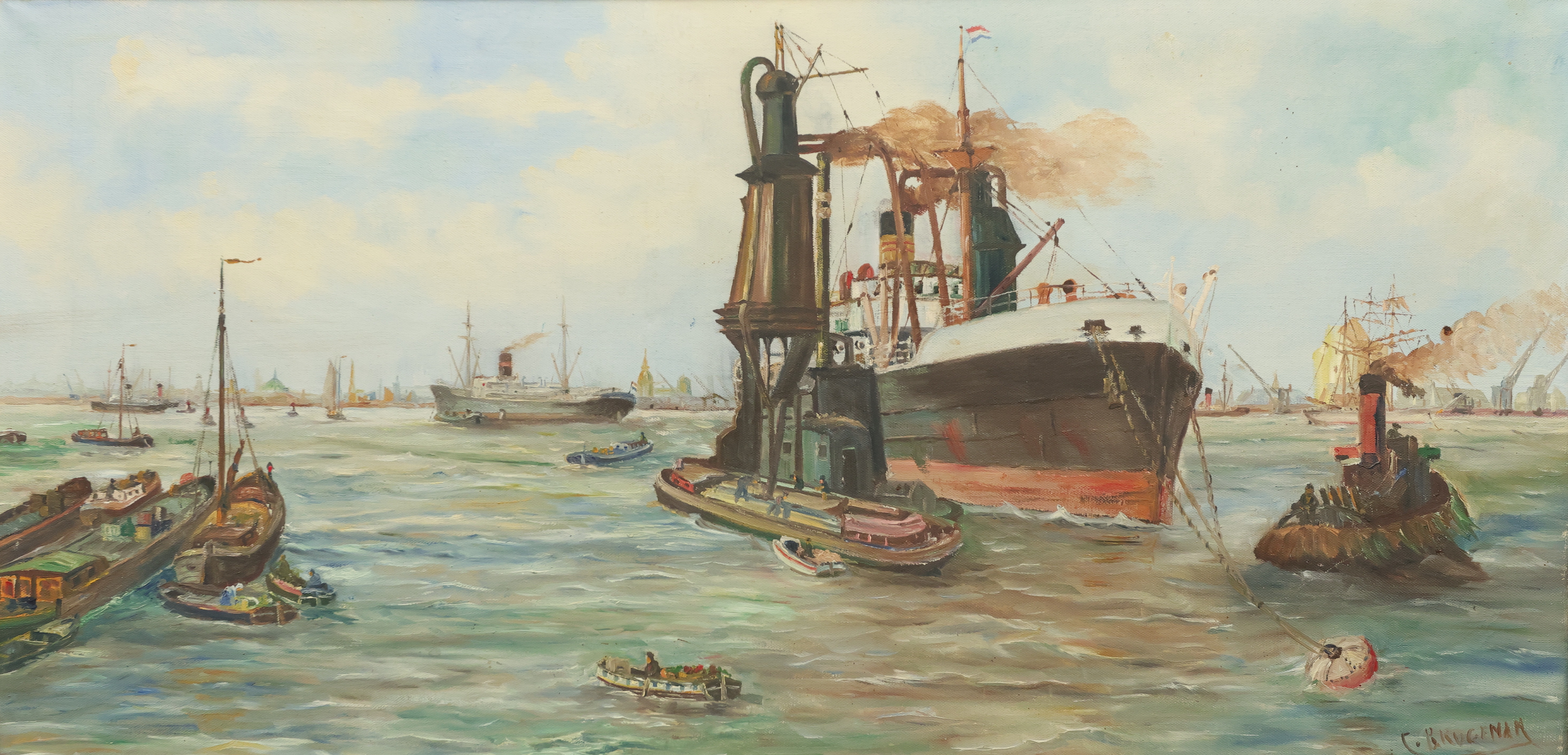 OIDENTIFIERAD KONSTNÄR. Olja på duk, signerad C Brugenam, troligen motiv över Amsterdams hamn.