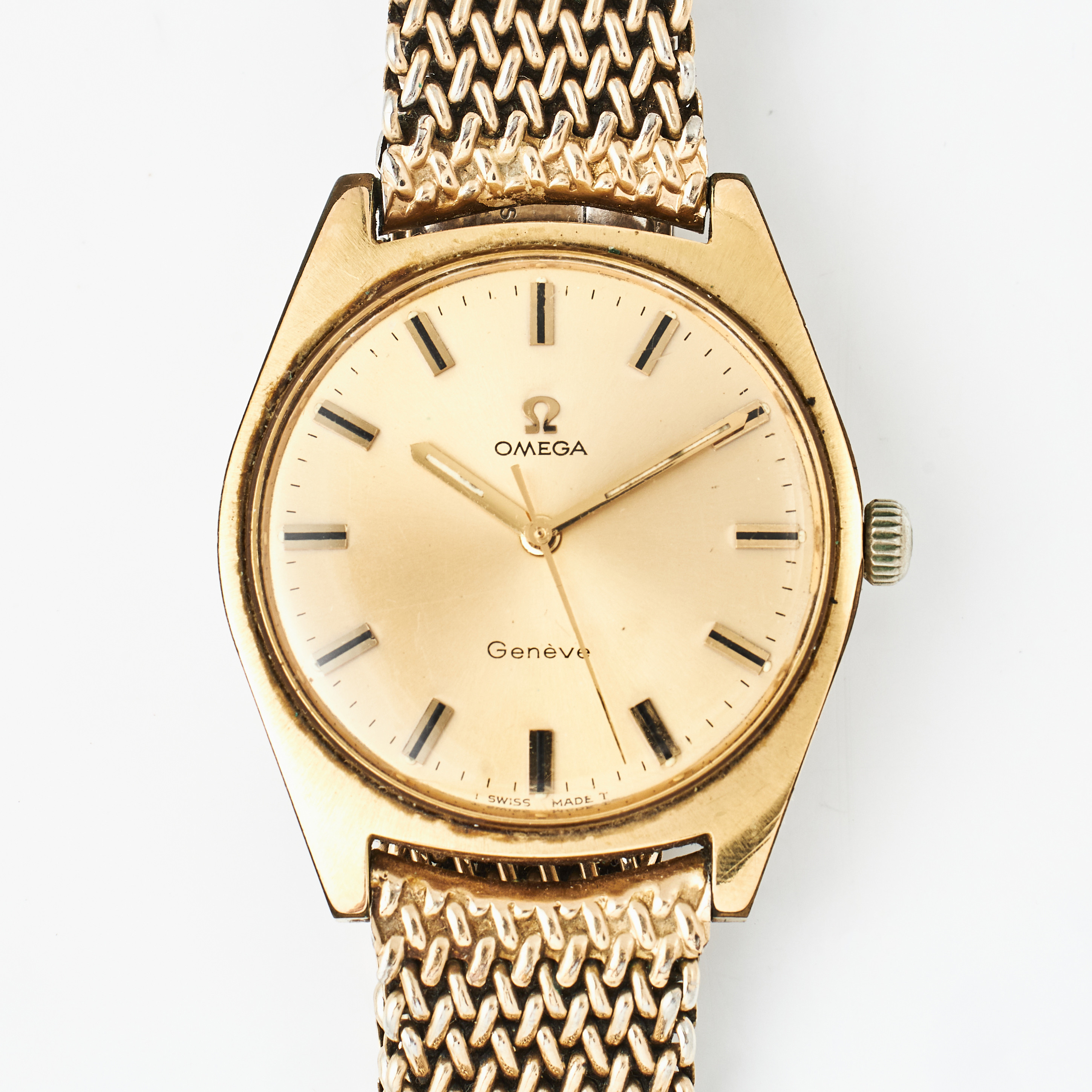 OMEGA, Genève, armbandsur, guld på stål, manuell, plexiglas, armband, oädel metall, viklås.