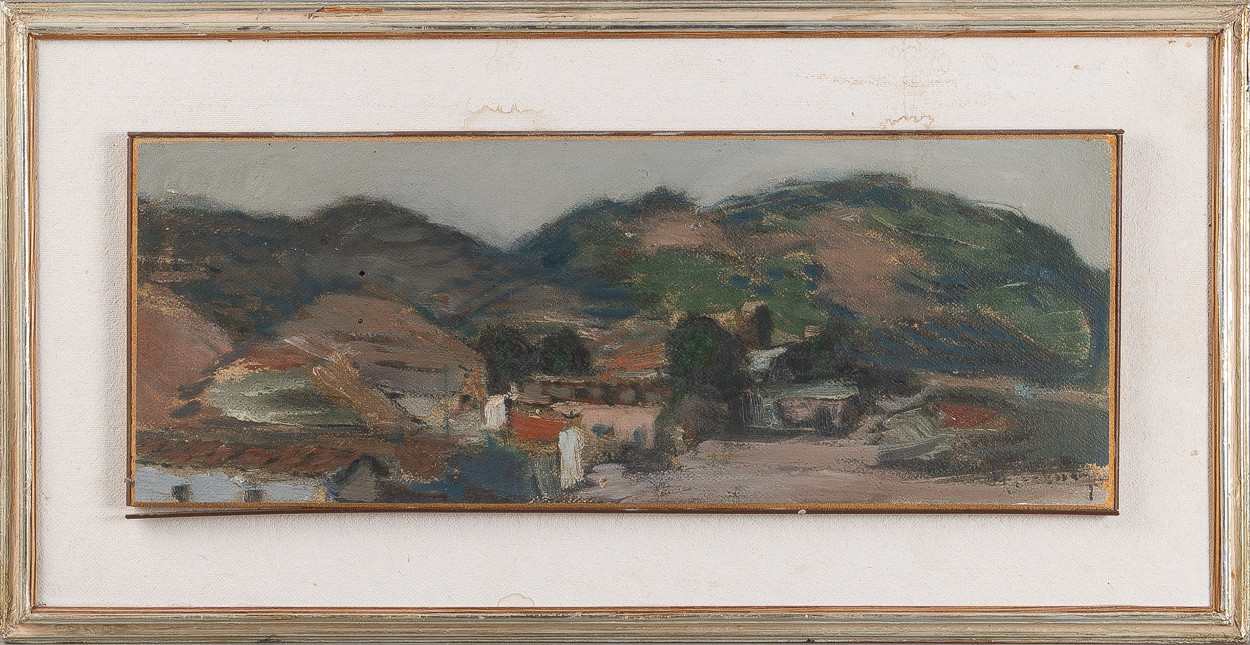 ERIC CEDERBERG. Kustby med berg, olja på pannå.