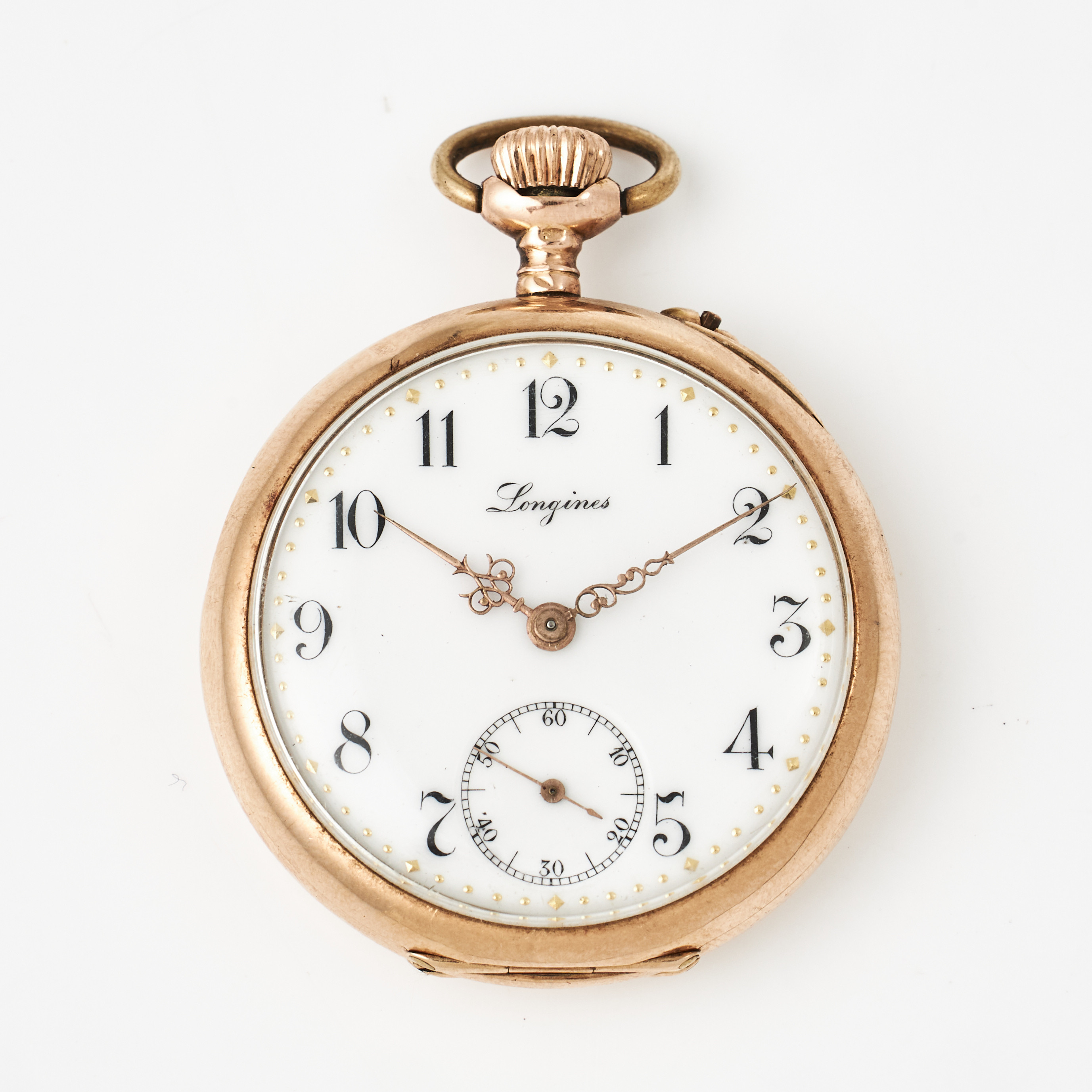 LONGINES, fickur, 14 k guld, vitemaljerad urtavla, arabiska siffror, plexiglas, innerlock i oädel metall.