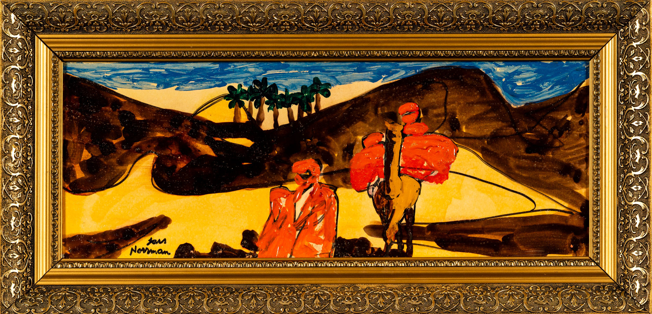 LARS NORRMAN. Olja på pannå, signerad, 1900tal, motiv "kameler i öknen".