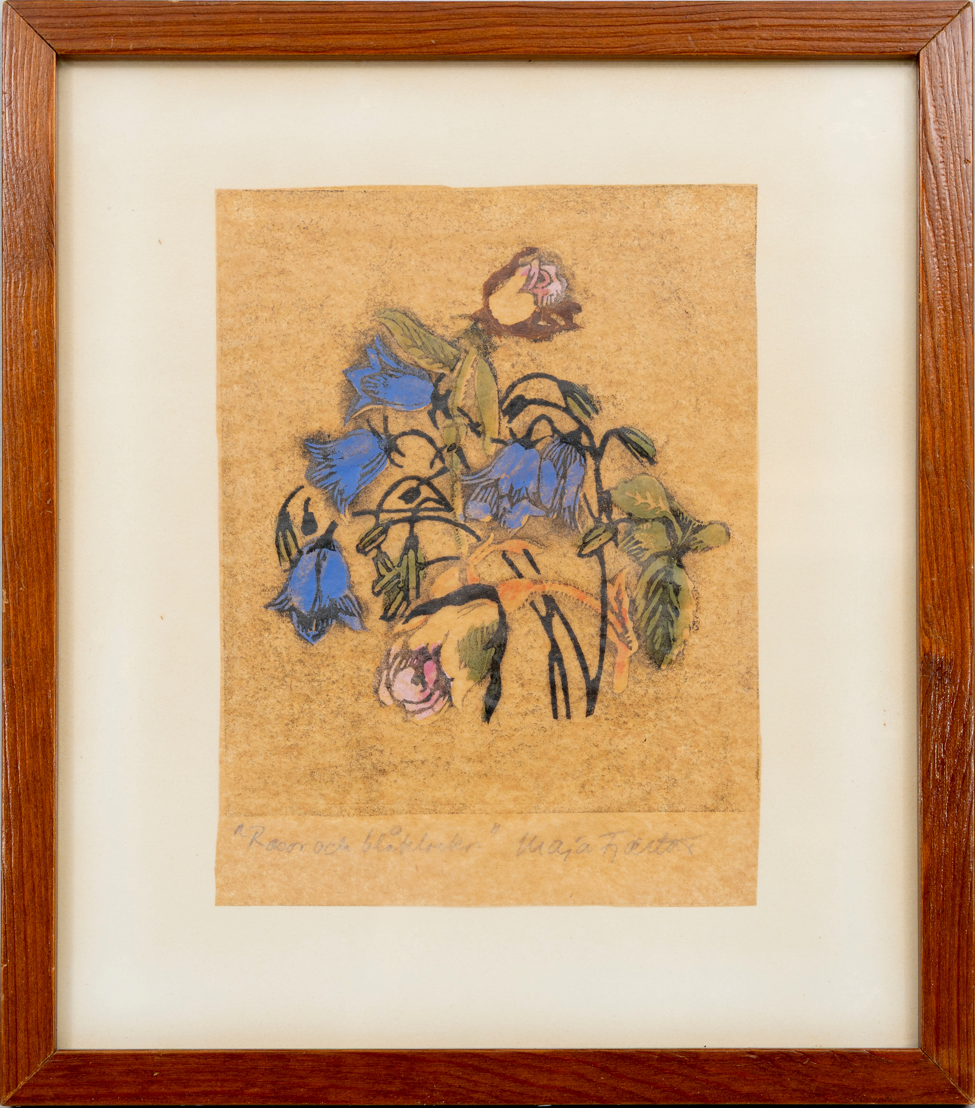 MAJA FJAESTAD. "Rosor och Blåklockor", träsnitt på smörpapper, signerad.