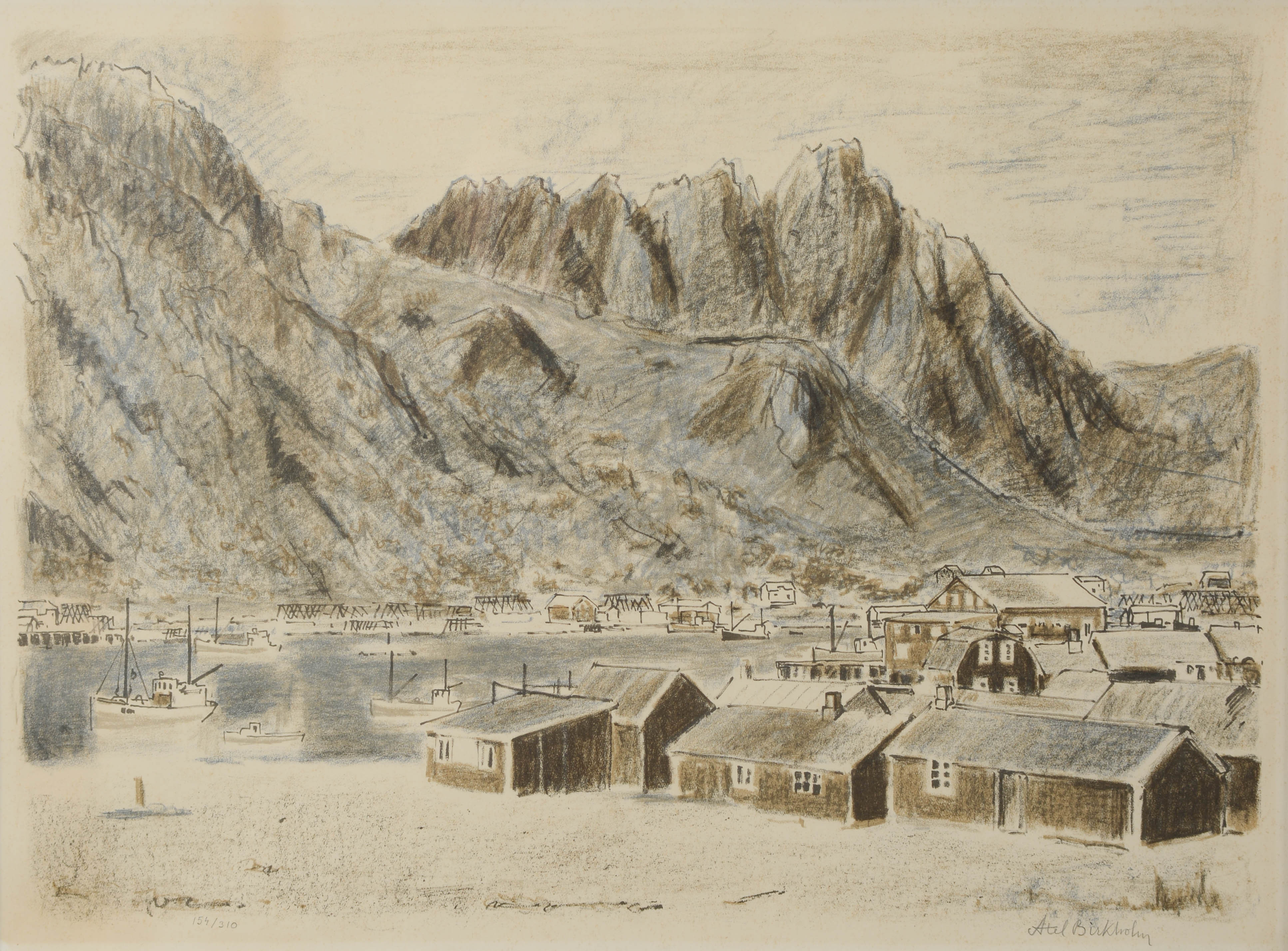 AXEL BIRKHOLM. "Lofotenby", färglitografi, signerad samt numrerad 154/310.