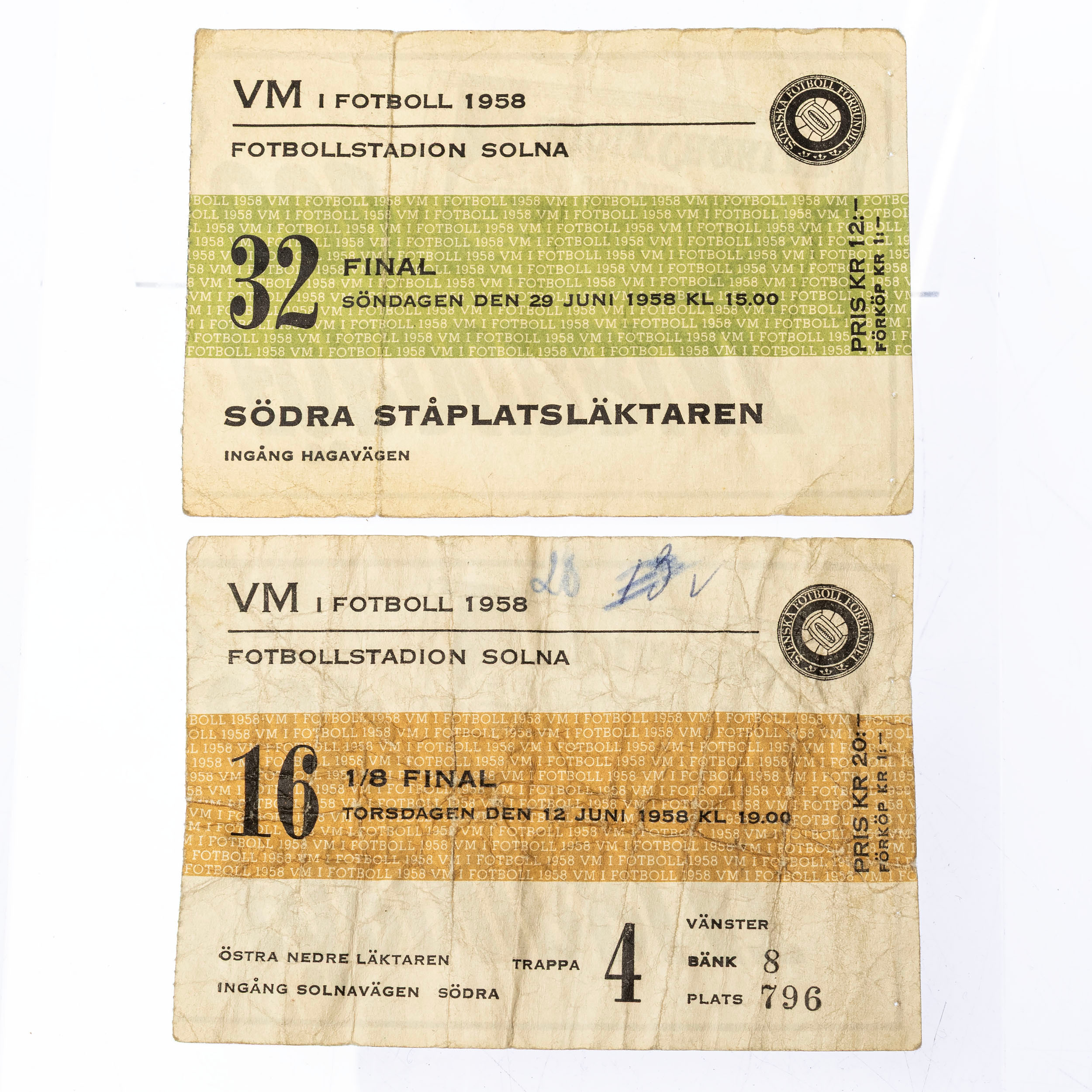 BILJETTER, 2st, VM Fotboll, år 1958.