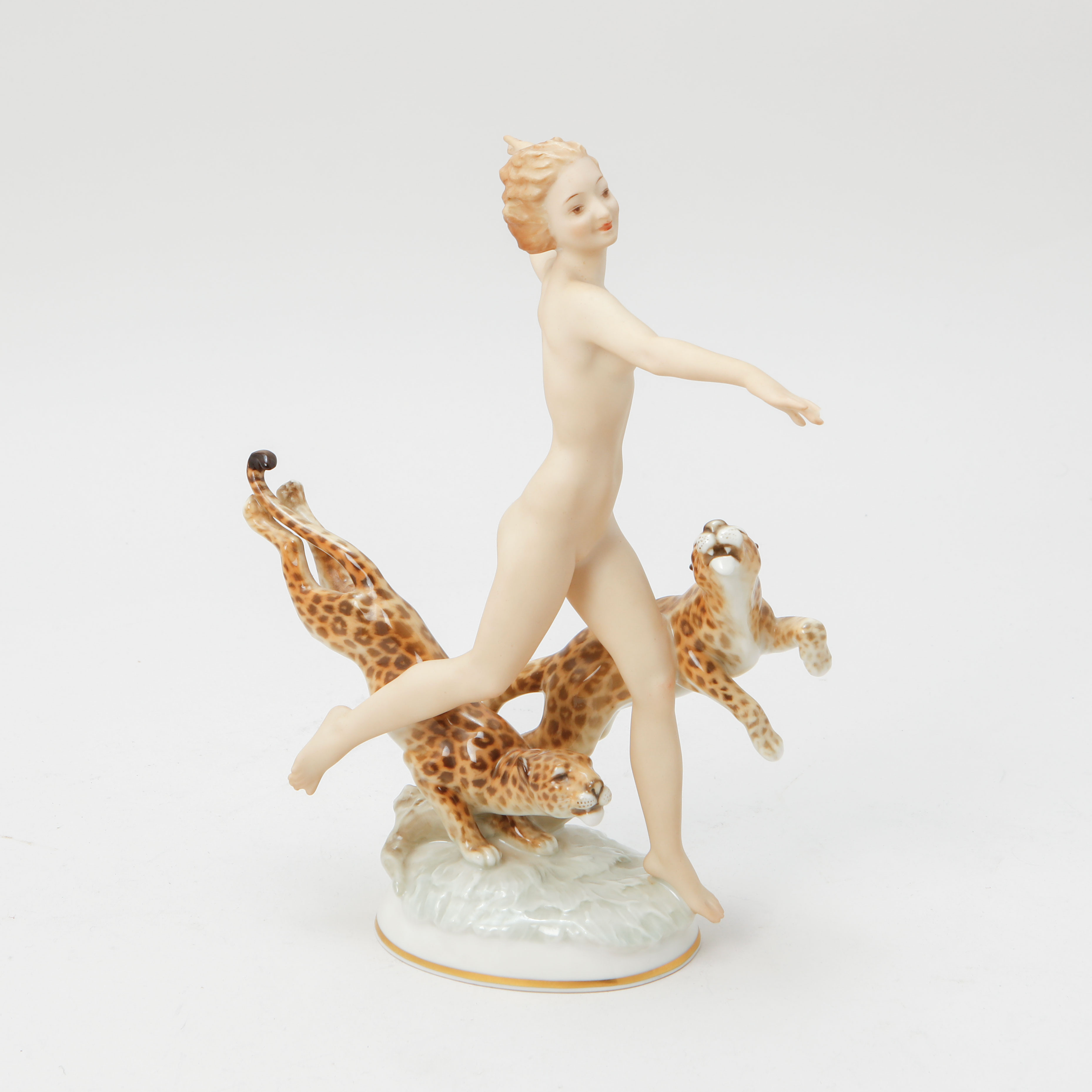 FIGURIN, kvinna med geparder, porslin, Heutchenreuther.
