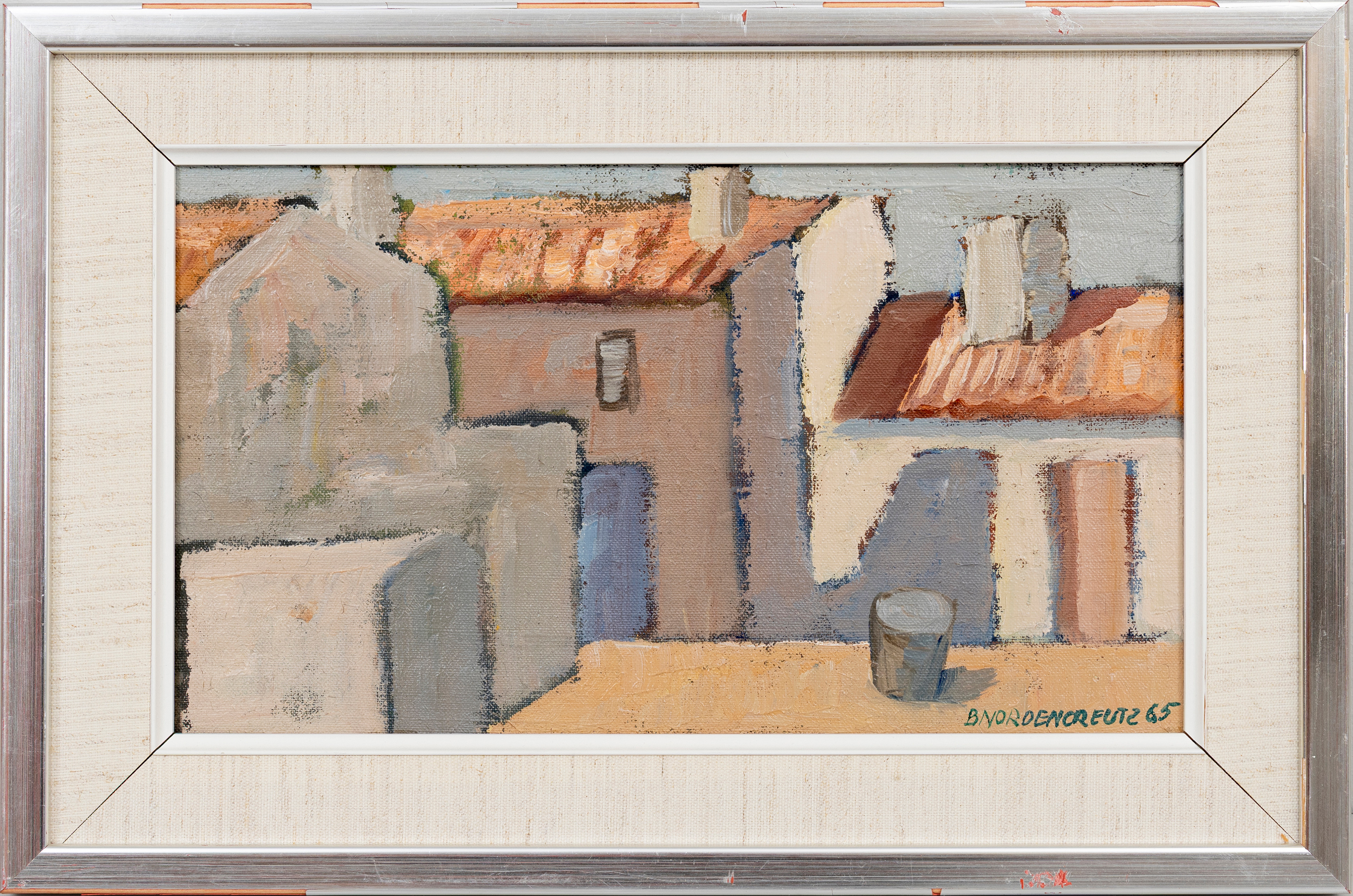 BRITA NORDENCREUTZ. Motiv med hus, olja på duk, signerad, daterad 65.