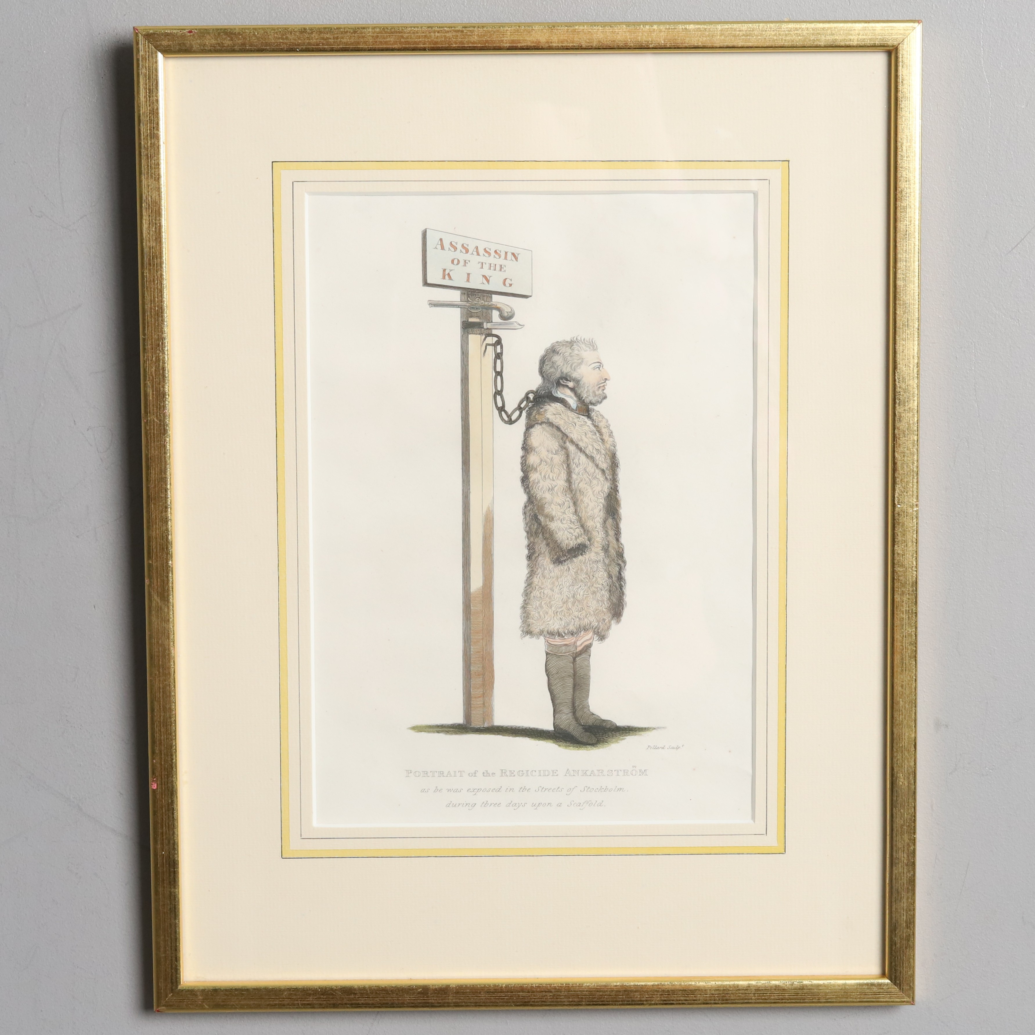 GRAVYR, Färglagd. Föreställande Jacob Johan Ankarström, Pollard Sculpt, 1800-tal.